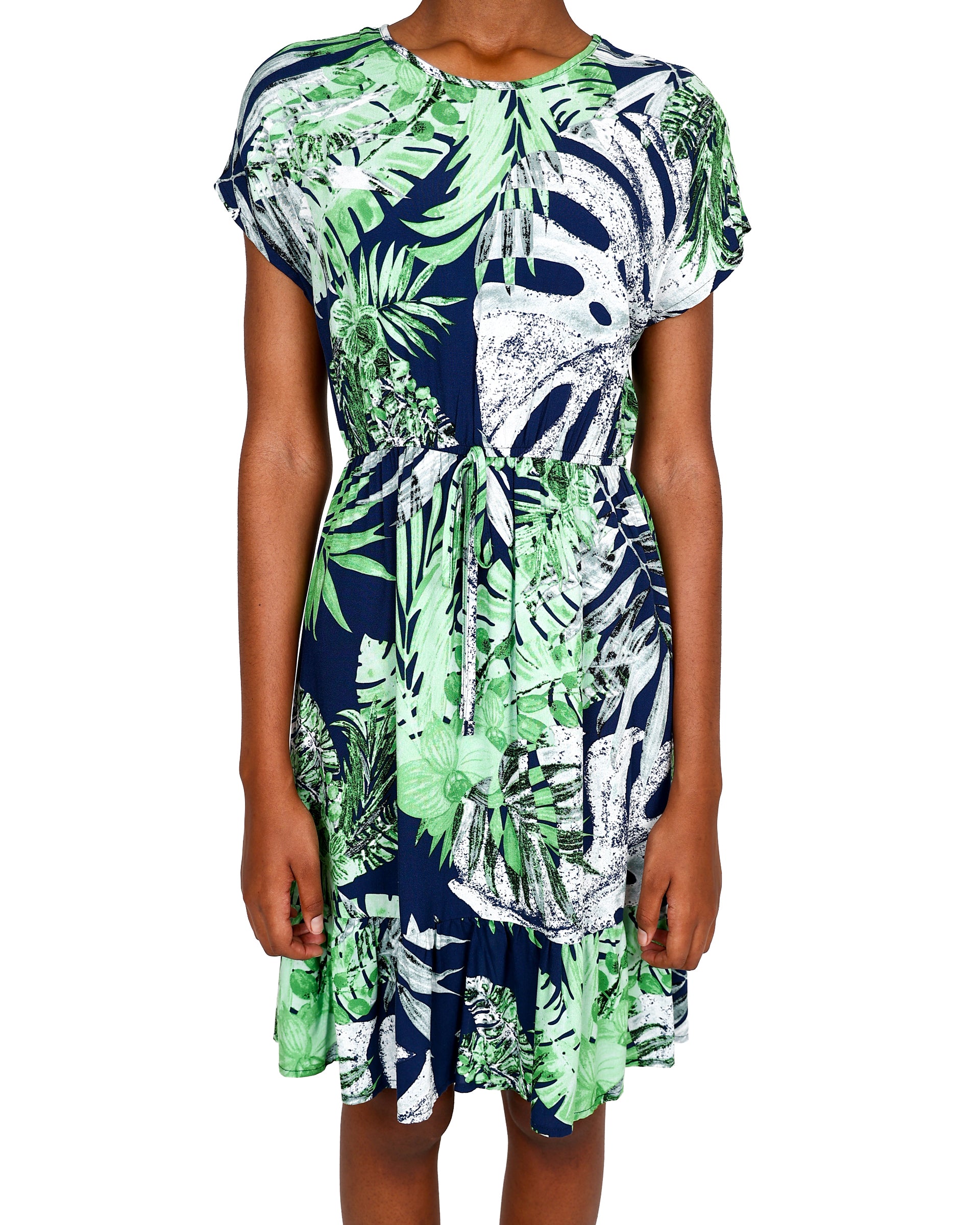 Short Sleeve Leaf Print Elastic Waist Dress
