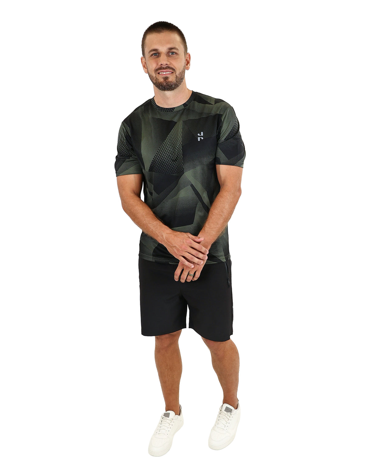 Short Sleeve Olive Geometric Printed Active Top