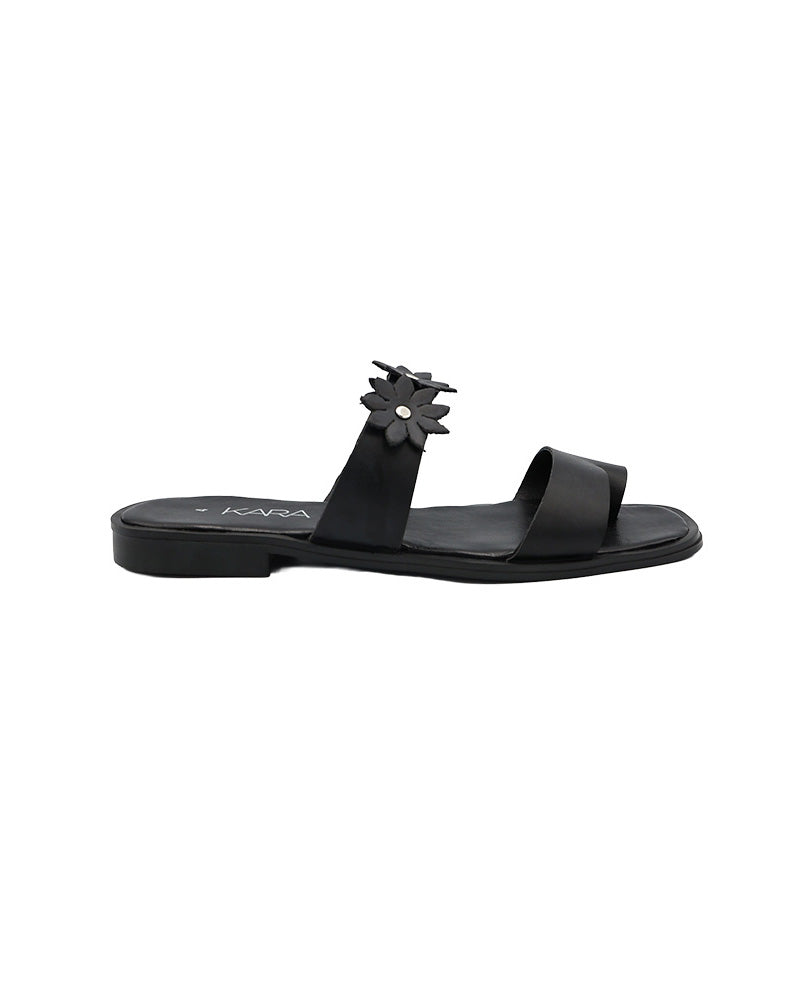 Black Double Band Flower Detail Toepost Mule