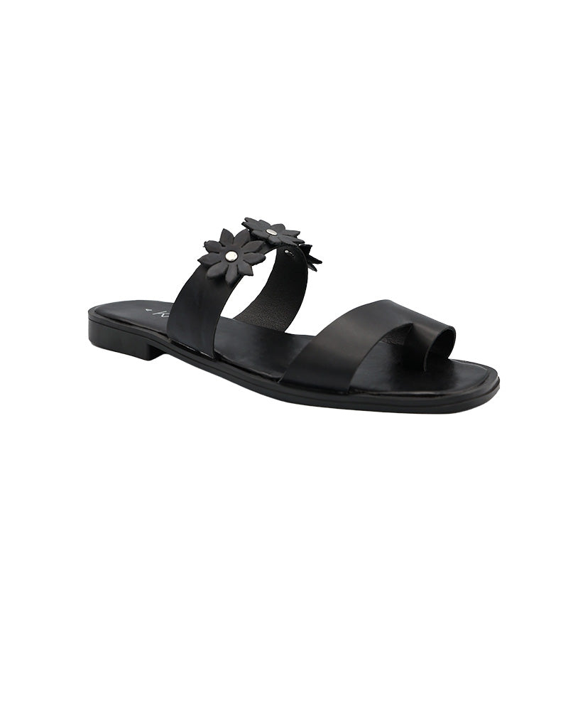 Black Double Band Flower Detail Toepost Mule