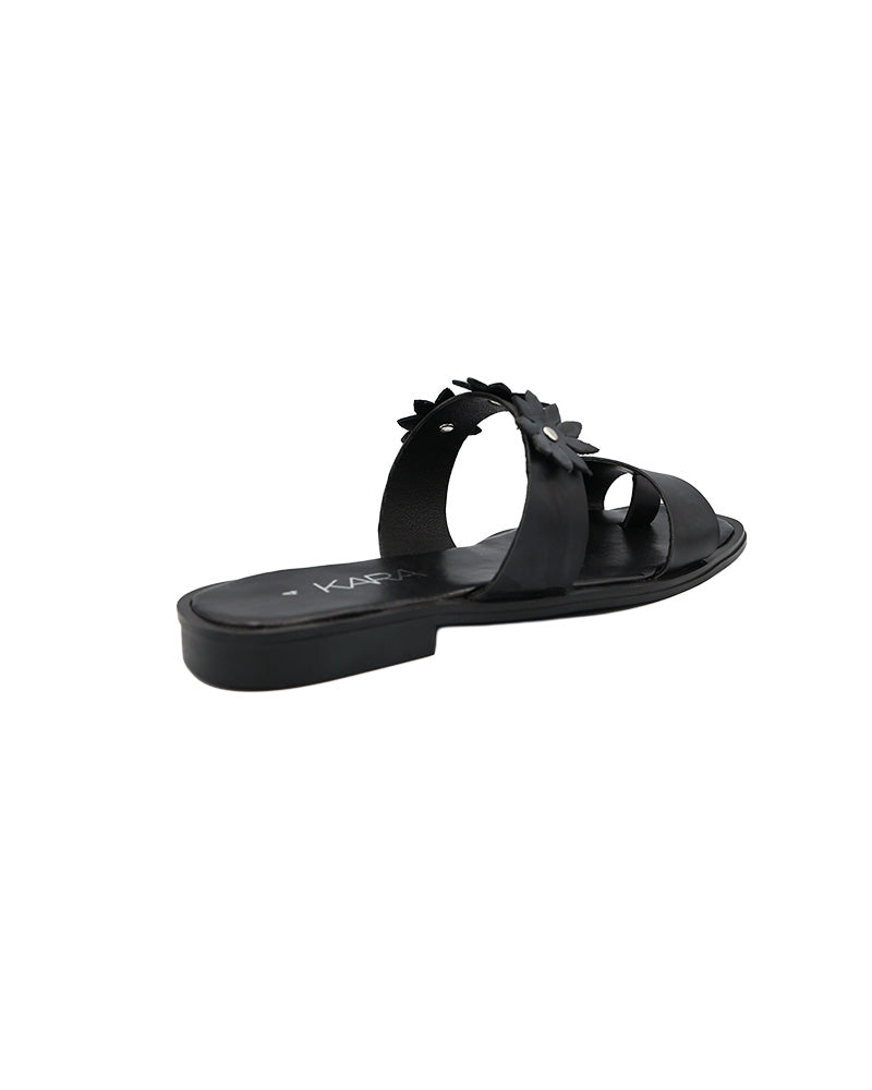 Black Double Band Flower Detail Toepost Mule