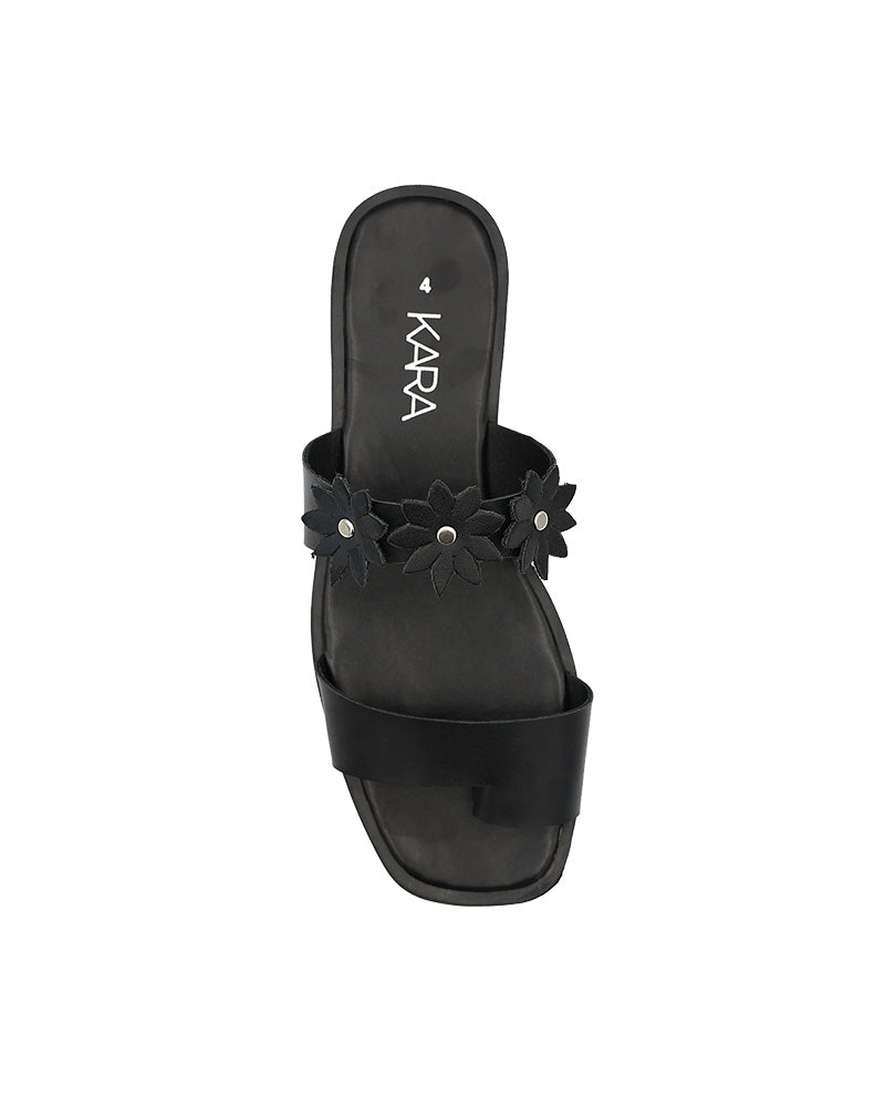 Black Double Band Flower Detail Toepost Mule