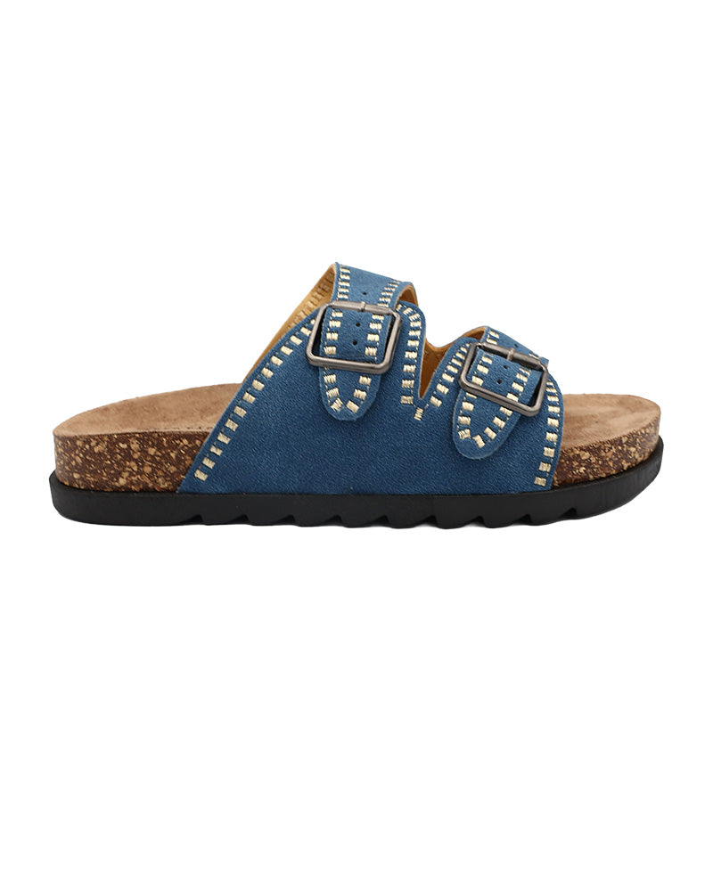 Blue Double Band Stitch Detail Cleated Mule