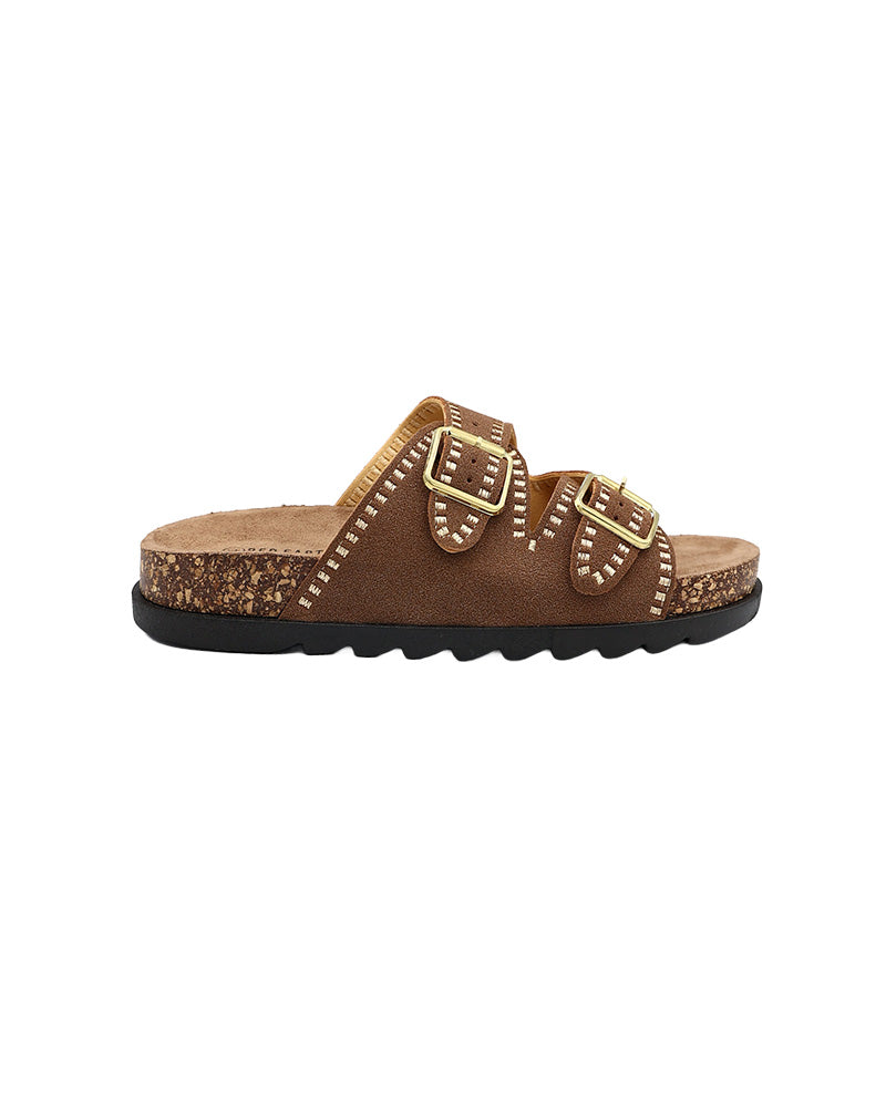 Brown Double Band Stitch Detail Cleated Mule