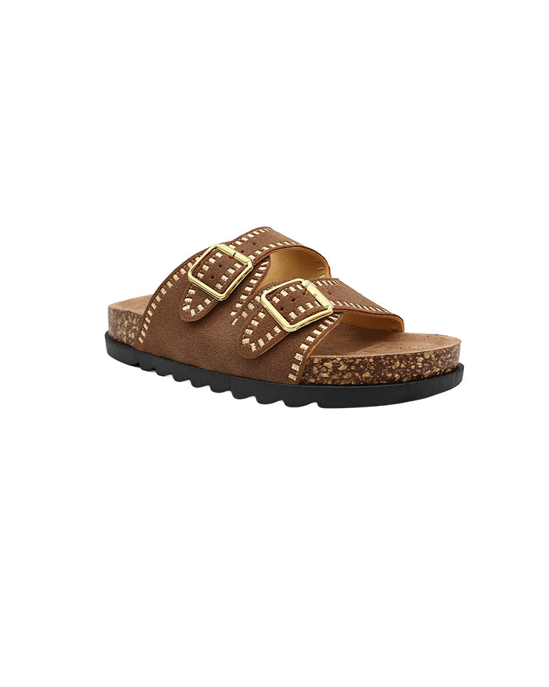 Brown Double Band Stitch Detail Cleated Mule