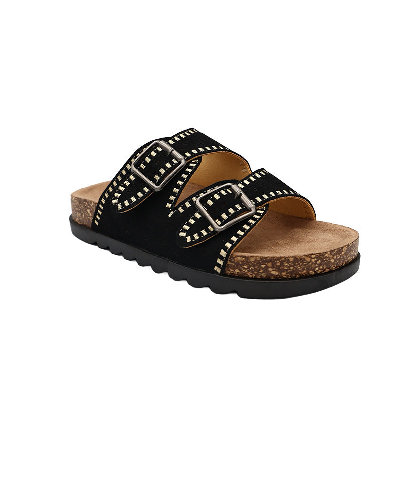 Black Double Band Stitch Detail Cleated Mule