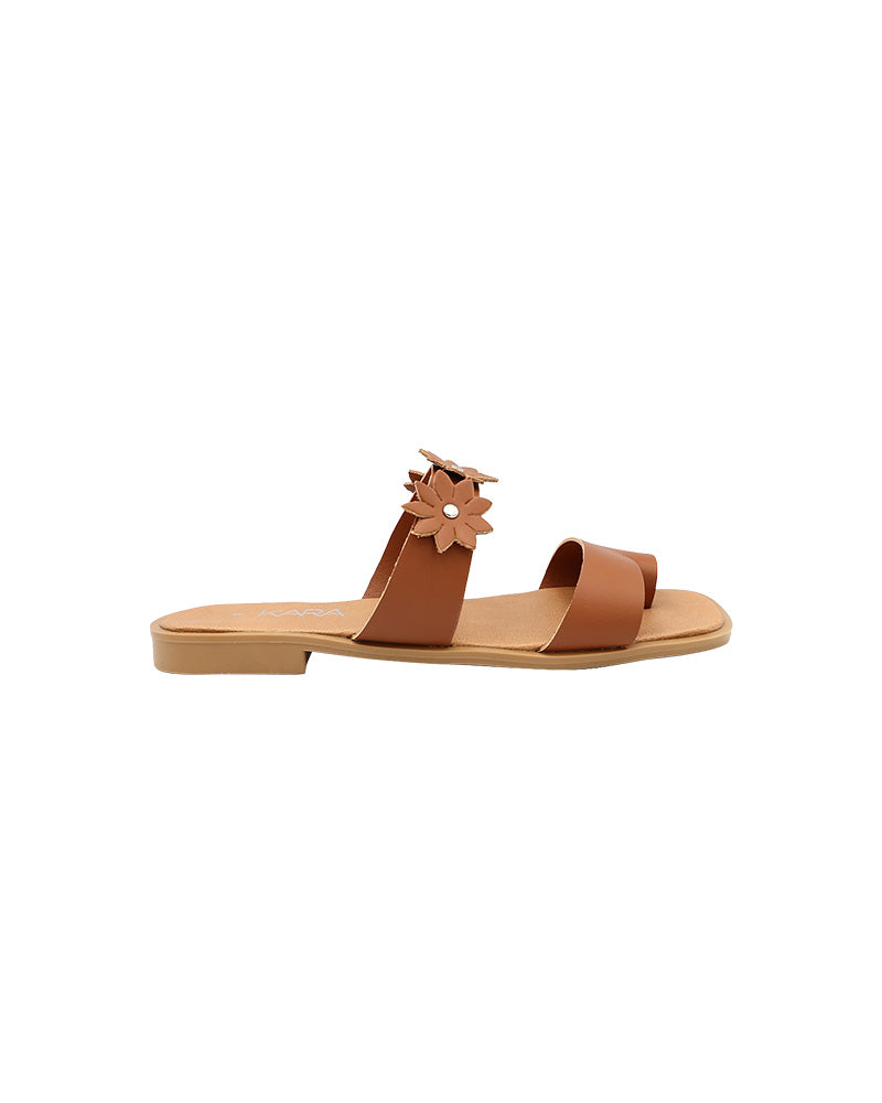 Tan Double Band Flower Detail Toepost Mule