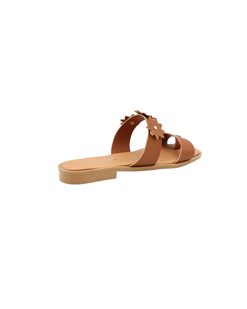 Tan Double Band Flower Detail Toepost Mule