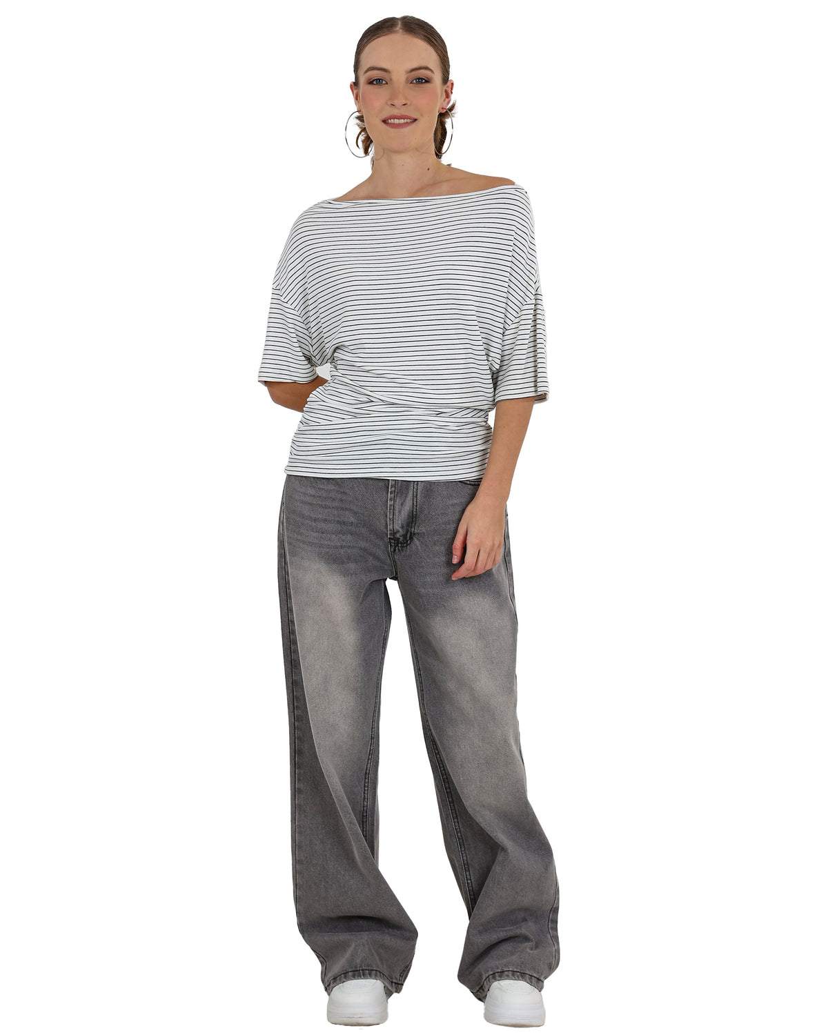 Short Sleeve White Stripe Drop Shoulder Ruched Top