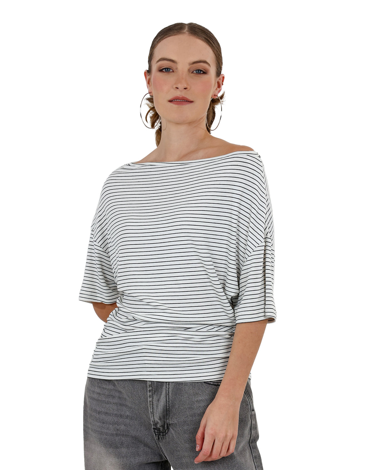 Short Sleeve White Stripe Drop Shoulder Ruched Top