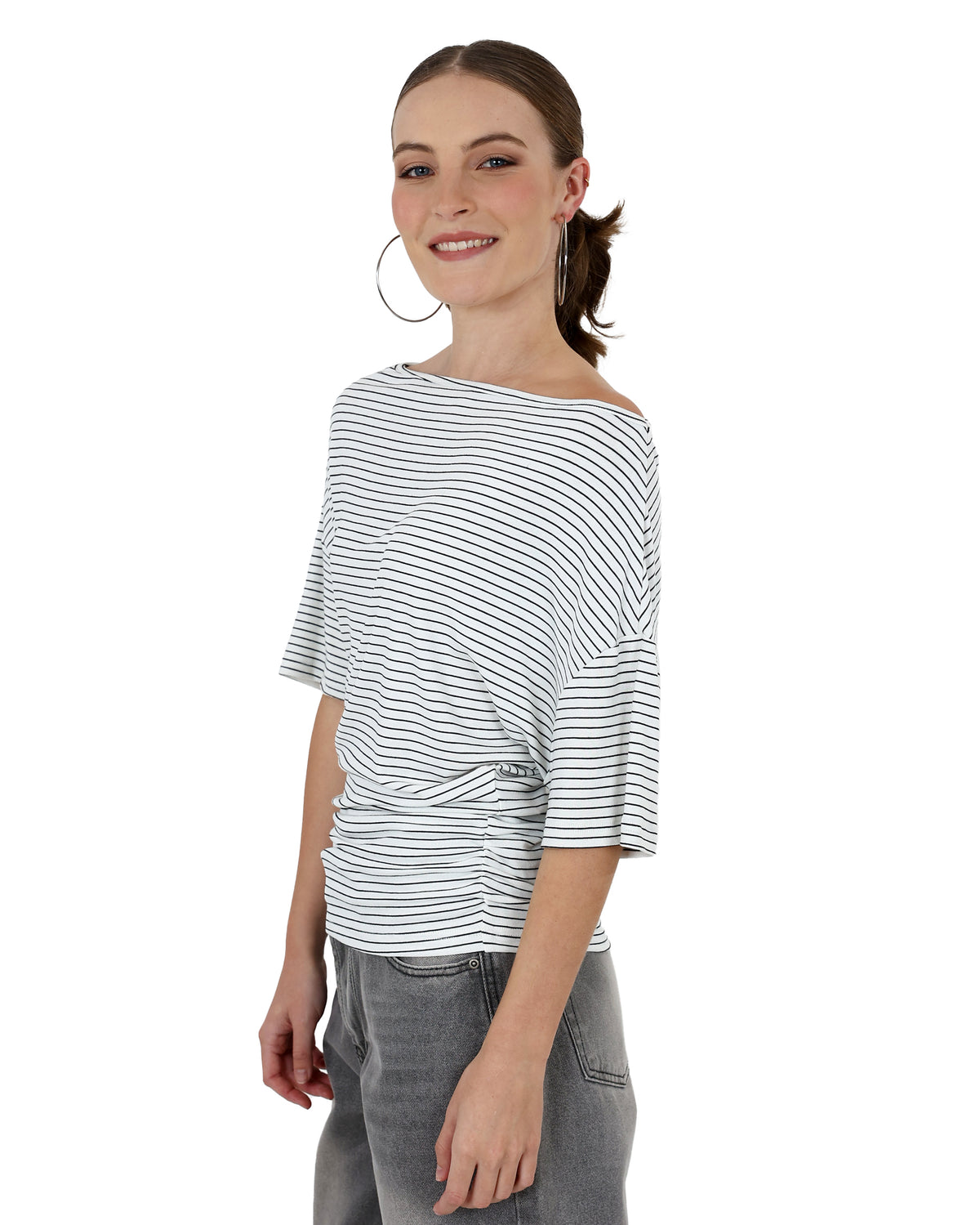 Short Sleeve White Stripe Drop Shoulder Ruched Top