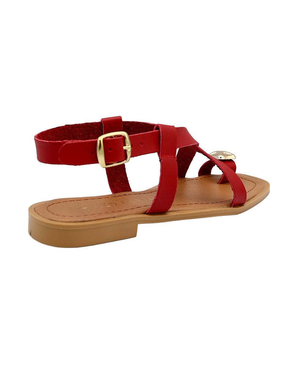 Red Embellished Toe Post Detail Ankle Strap Sandal