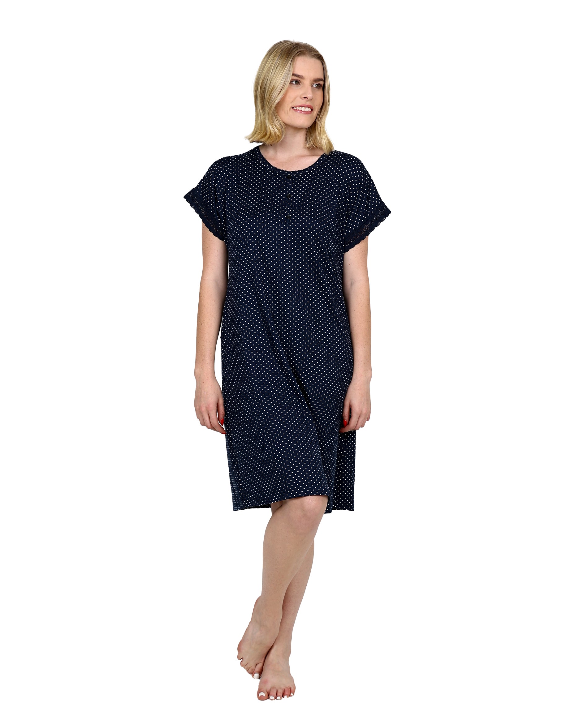 Short Sleeve Navy Polka Dot Henley Sleepshirt