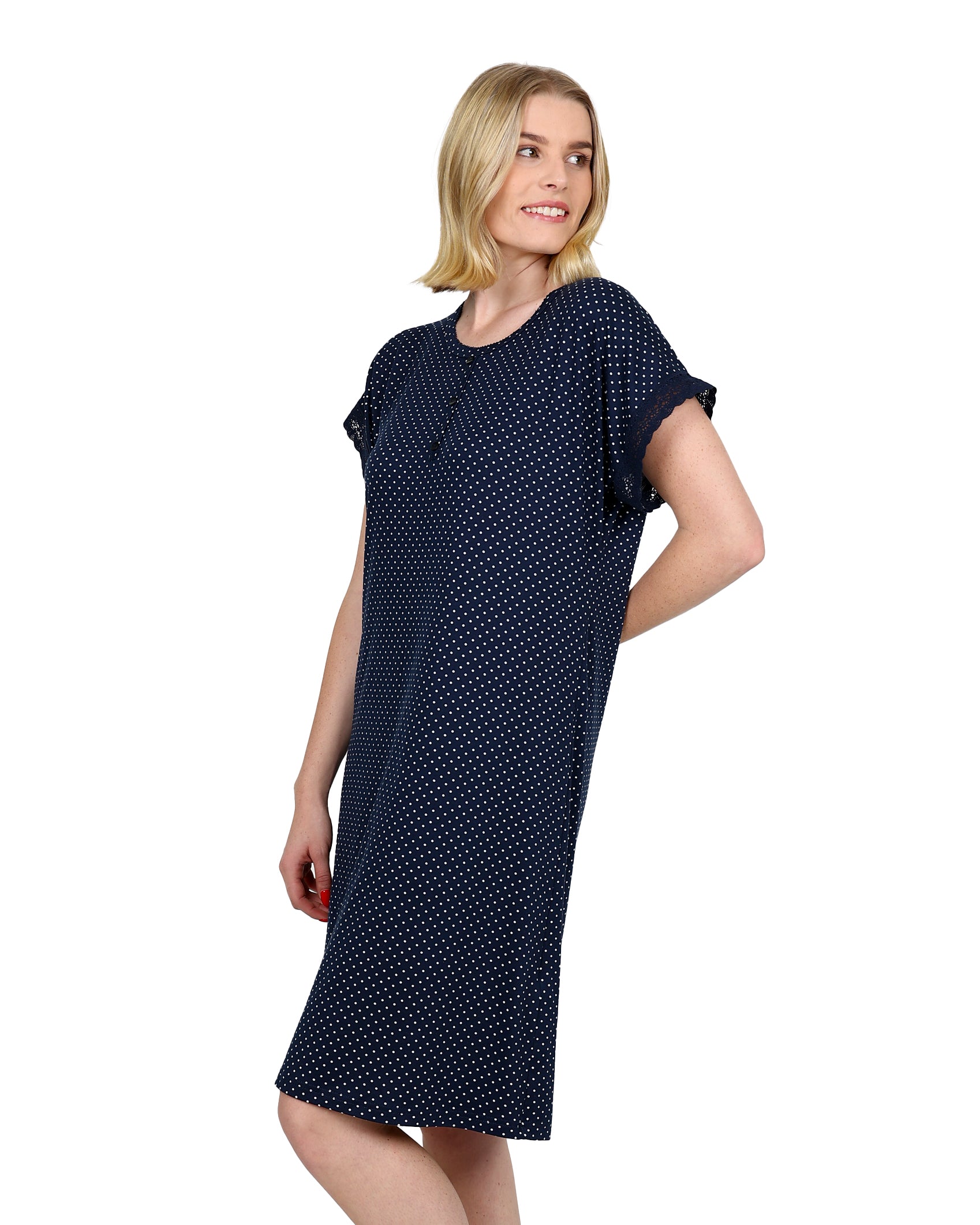 Short Sleeve Navy Polka Dot Henley Sleepshirt