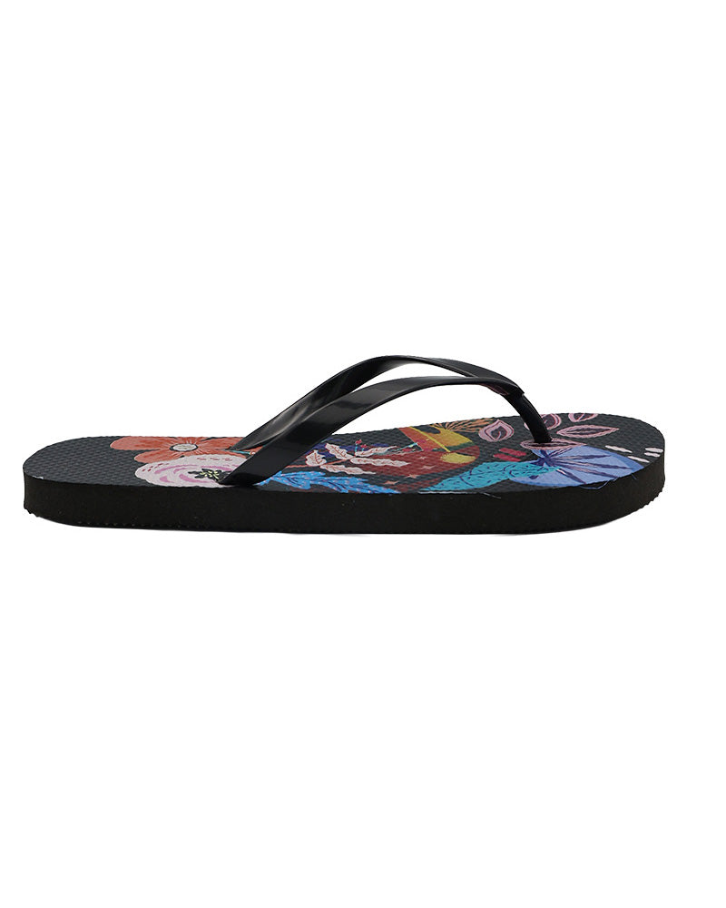 Black Tropical Print Flip Flops