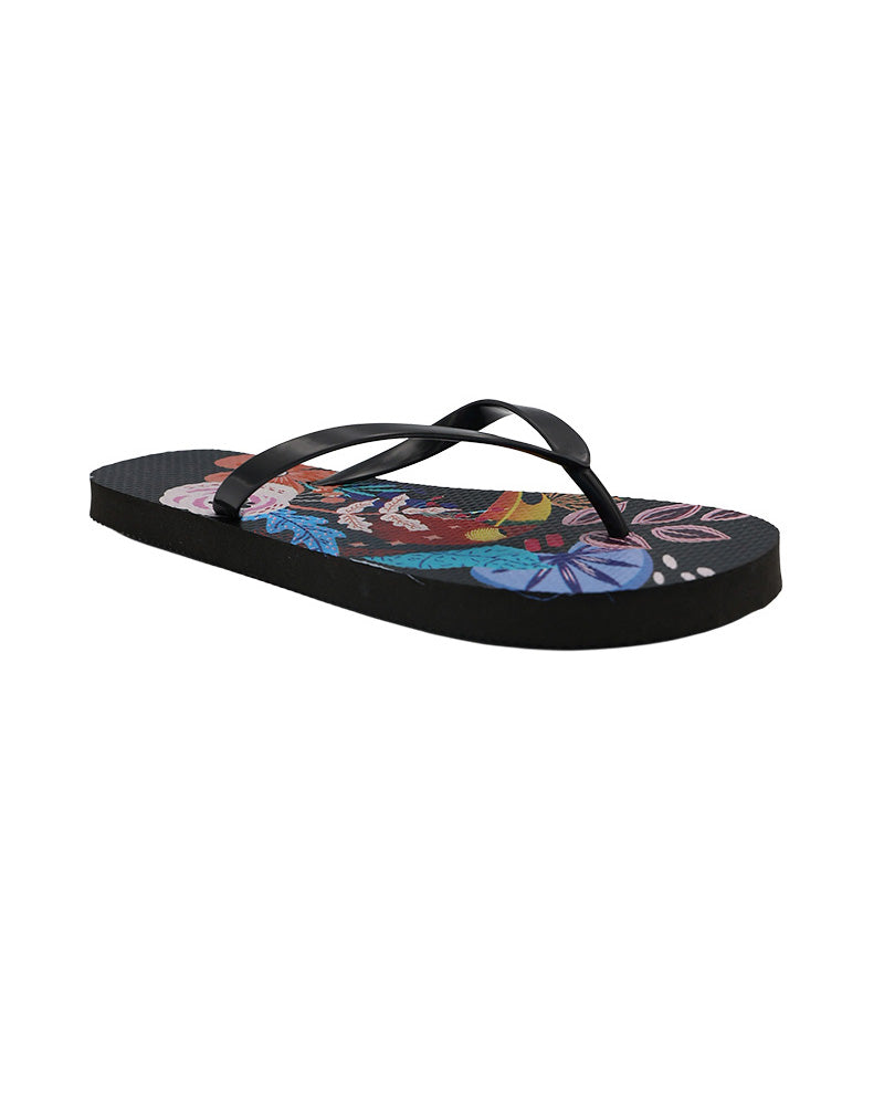 Black Tropical Print Flip Flops