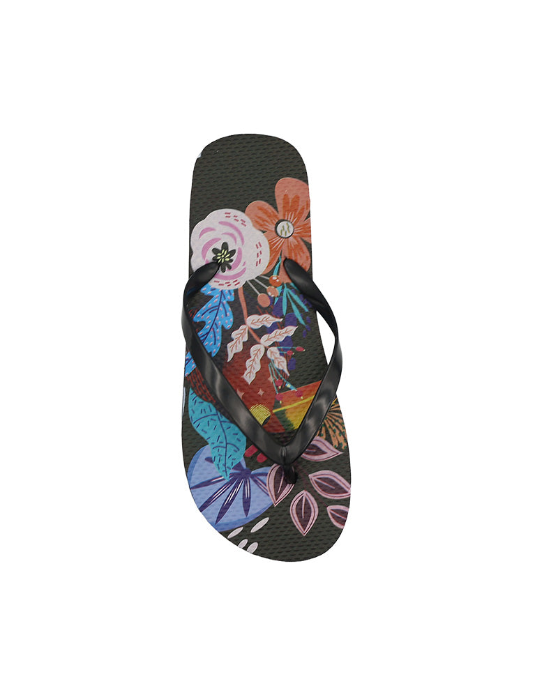 Black Tropical Print Flip Flops