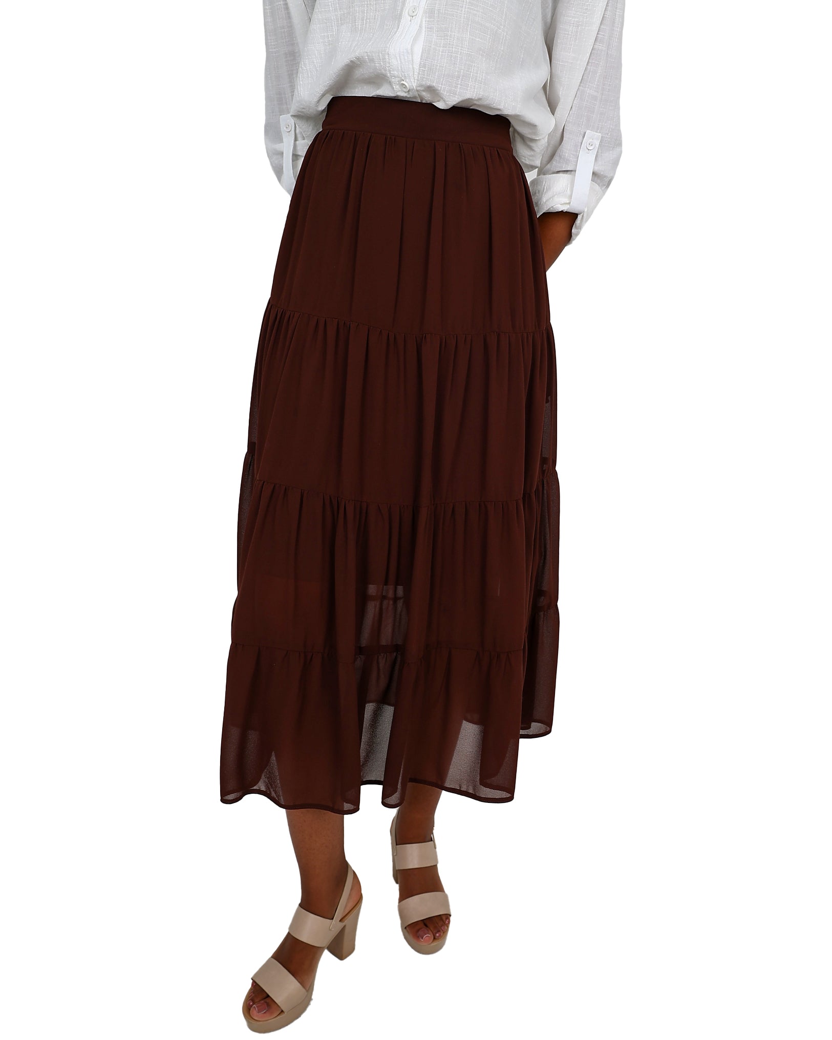 Chocolate Four Tier Midi Prarie Skirt