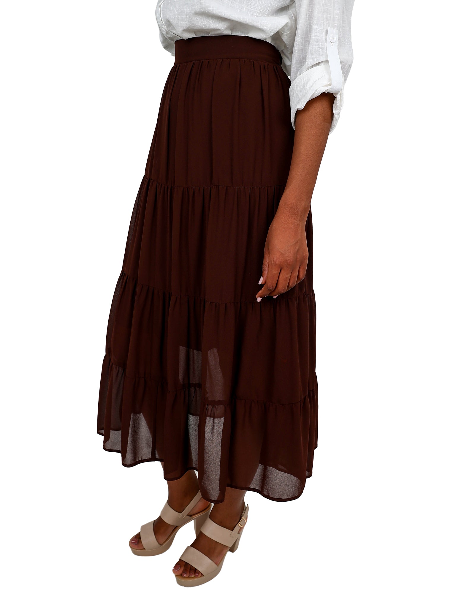Chocolate Four Tier Midi Prarie Skirt