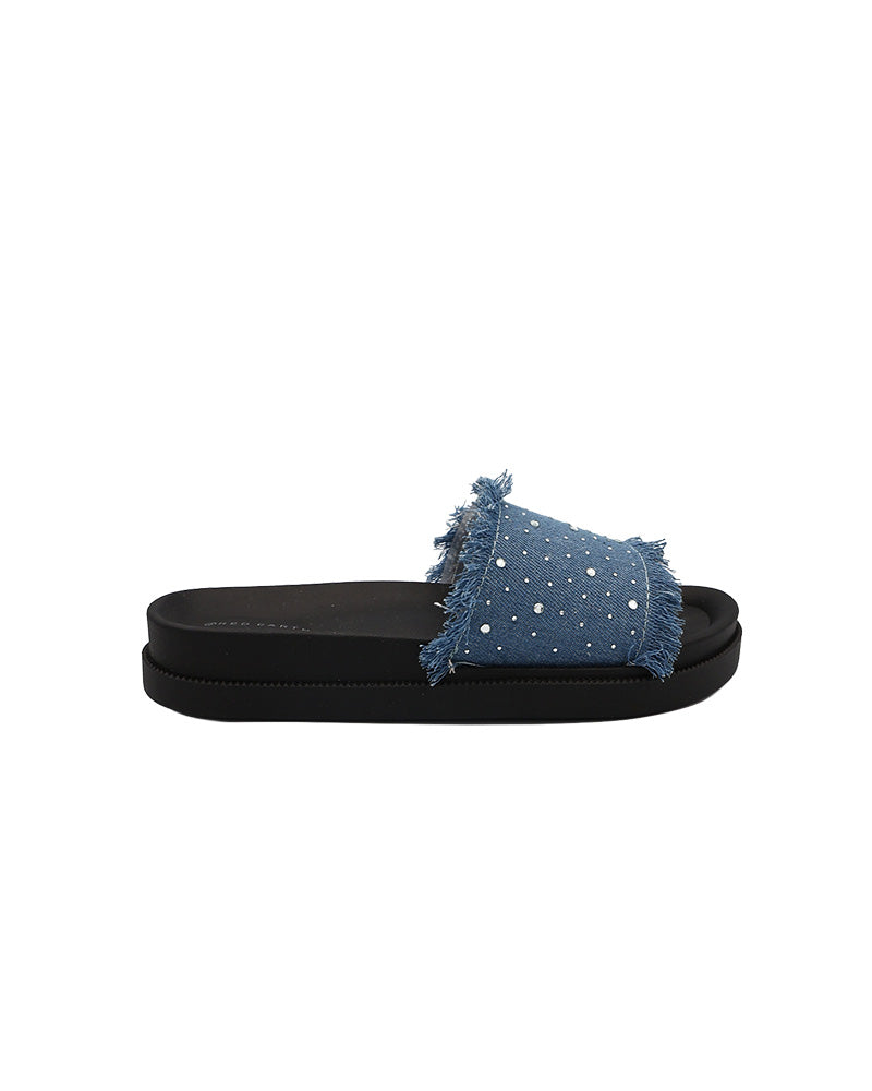 Embellished Denim Chunky Slide
