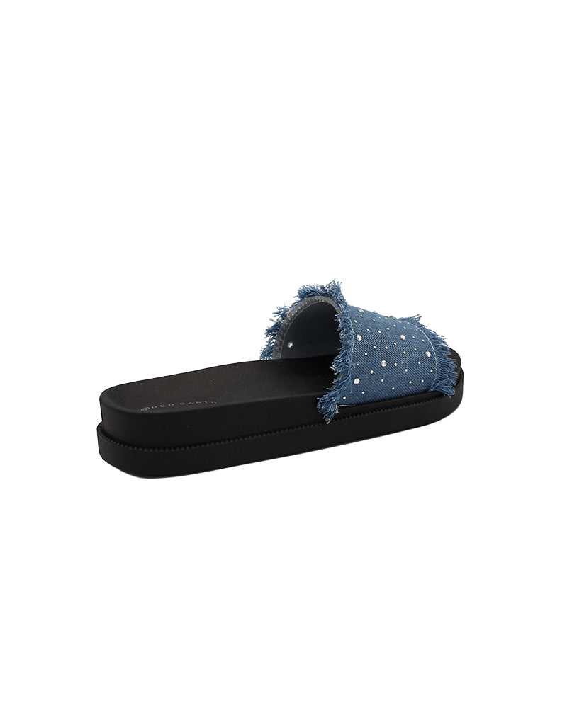 Embellished Denim Chunky Slide