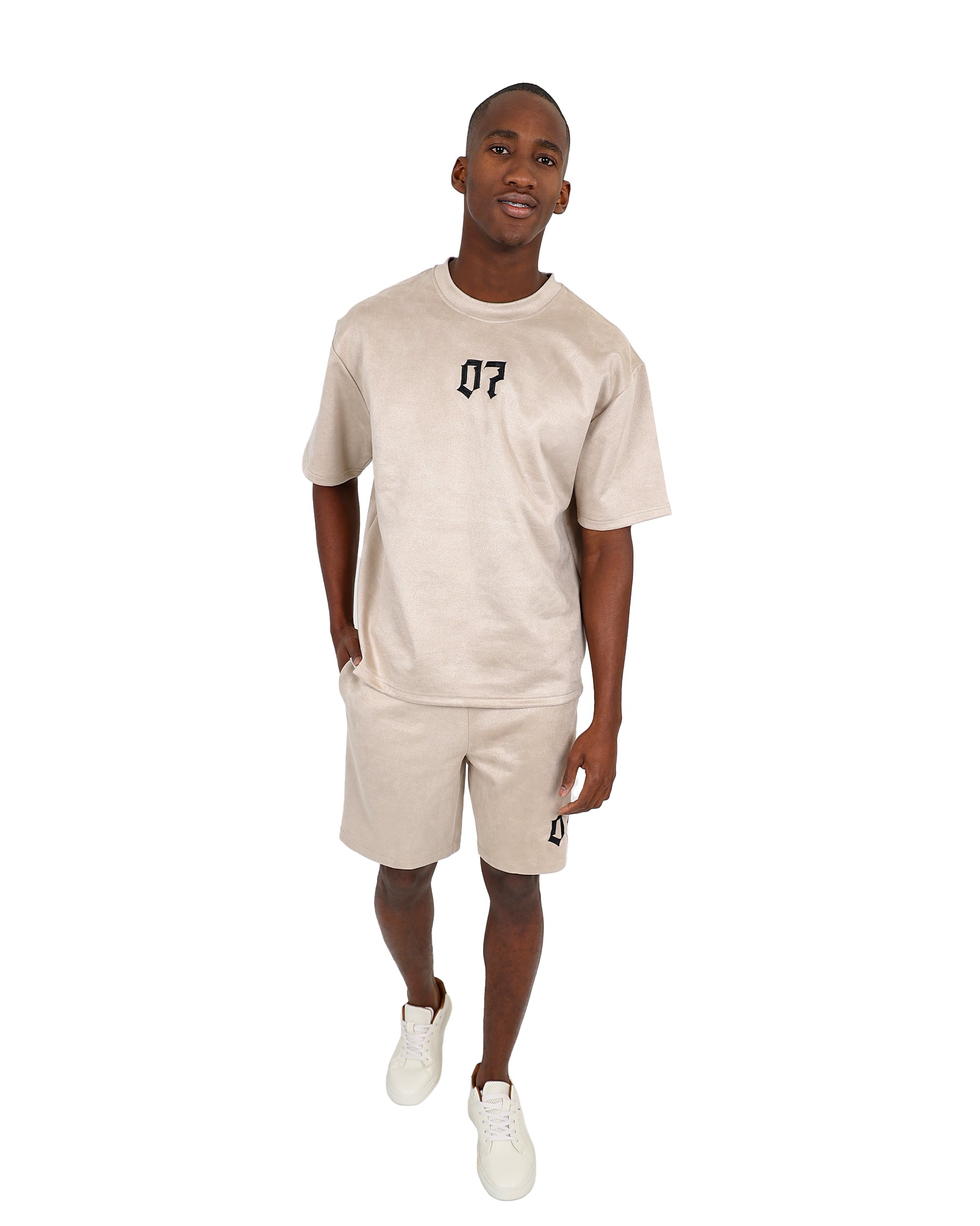 Short Sleeve Taupe Embroidered Suede Feel T-Shirt