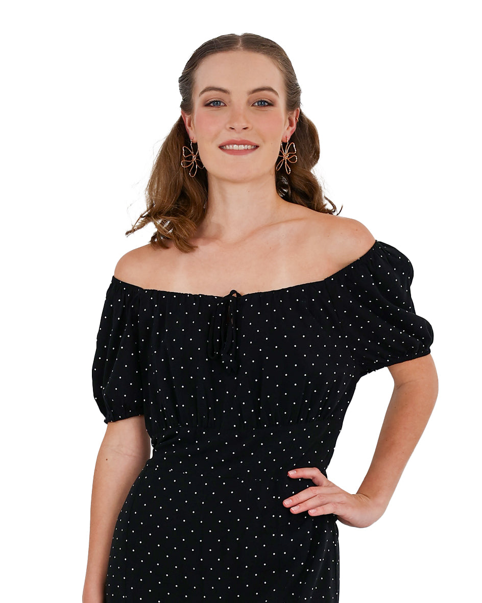 Off The Shoulder Black Polka Dot Maxi Dress