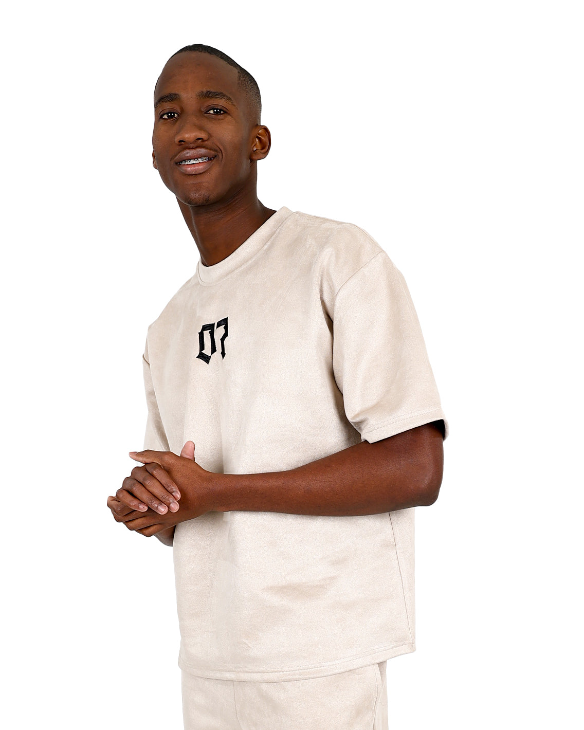 Short Sleeve Taupe Embroidered Suede Feel T-Shirt