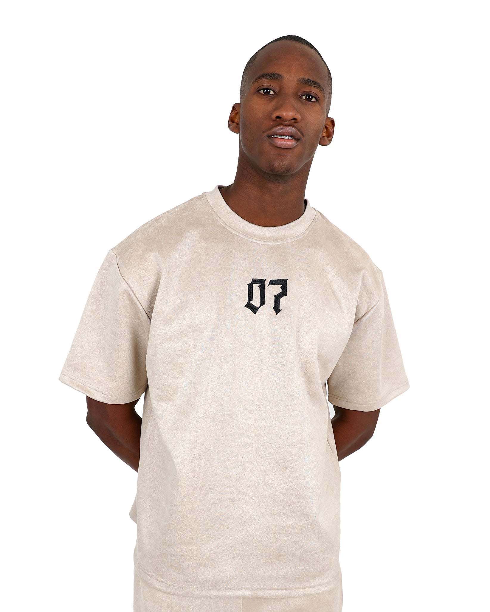 Short Sleeve Taupe Embroidered Suede Feel T-Shirt