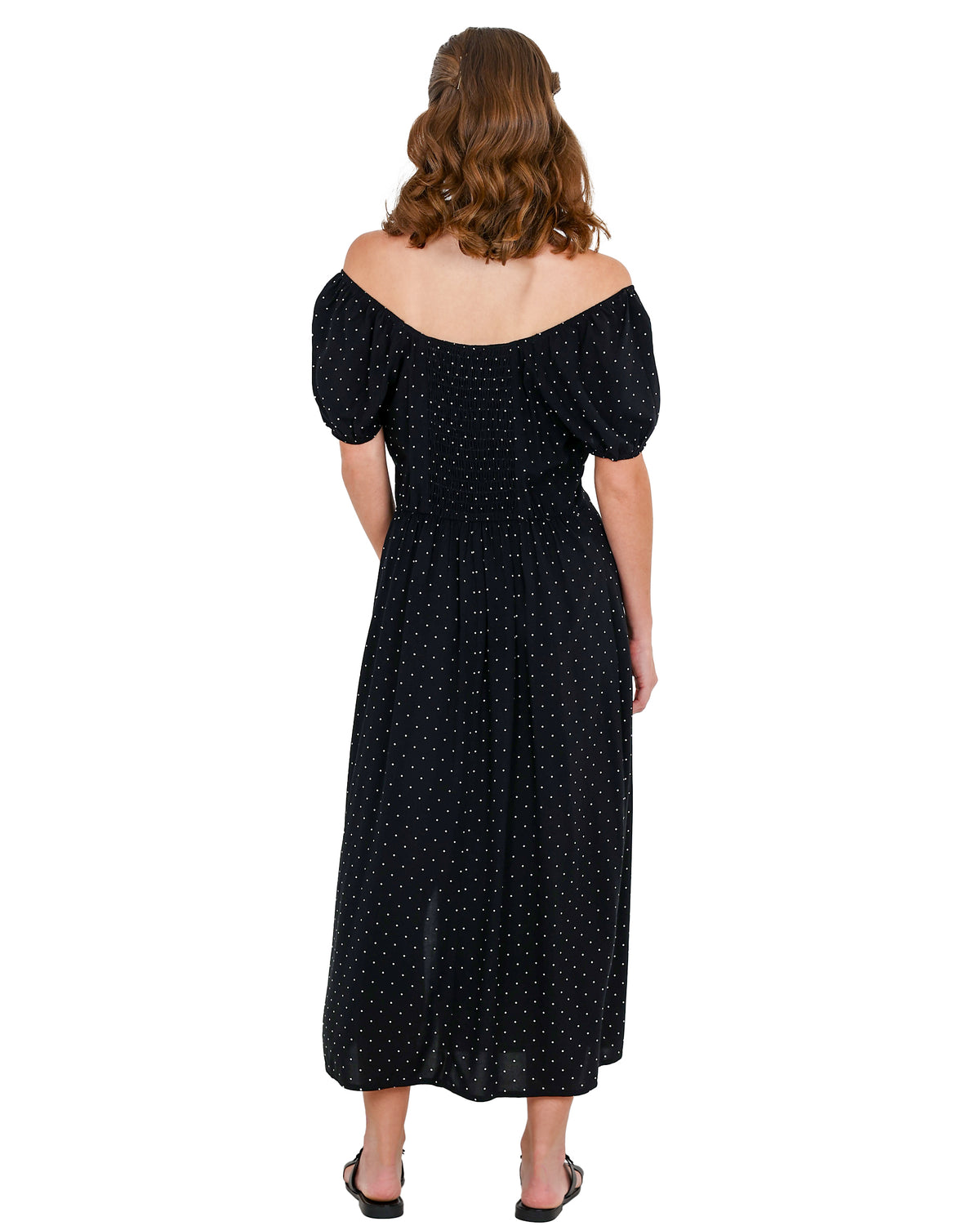 Off The Shoulder Black Polka Dot Maxi Dress