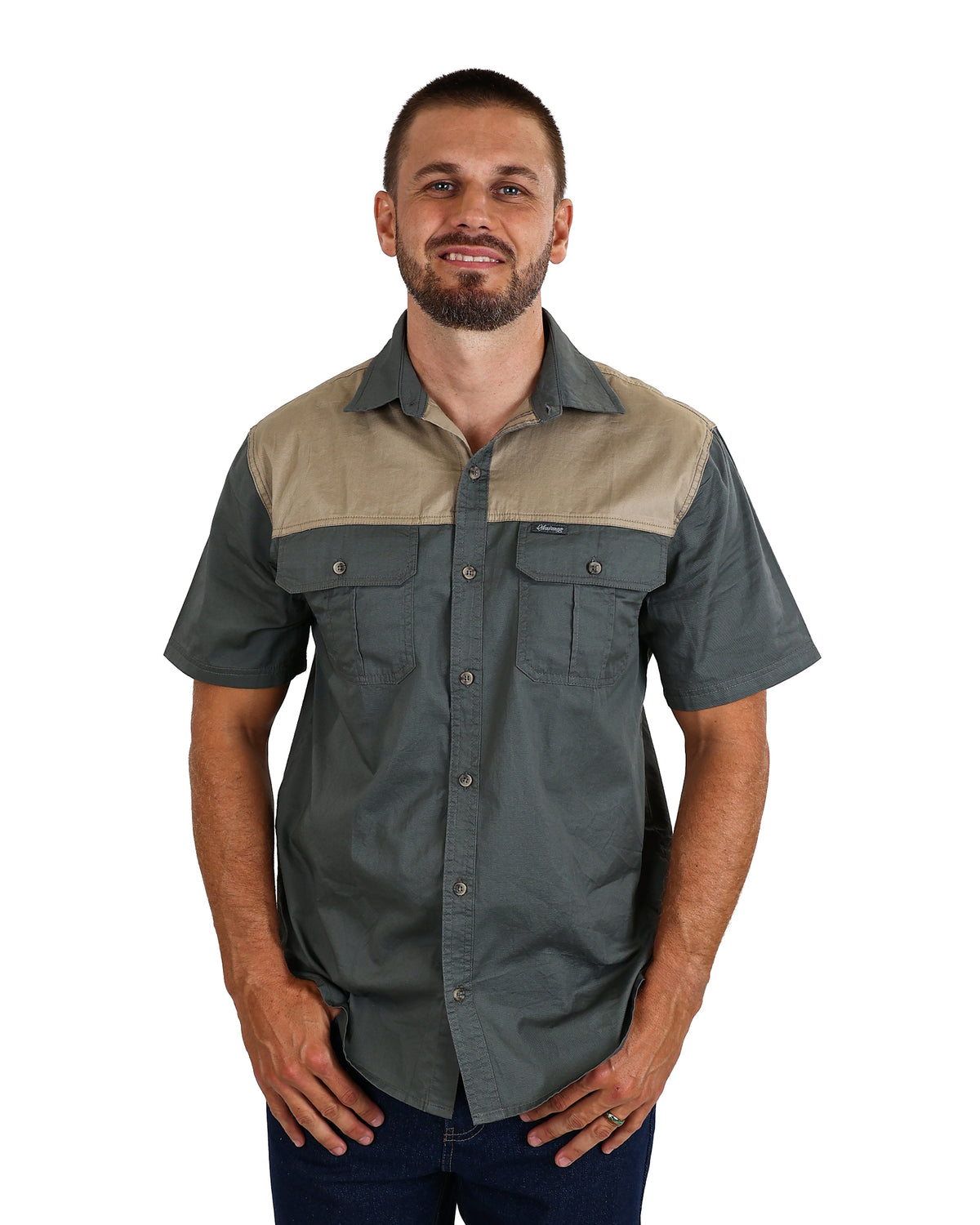 Okavango Short Sleeve Olive Two Tone Cotton Shirt