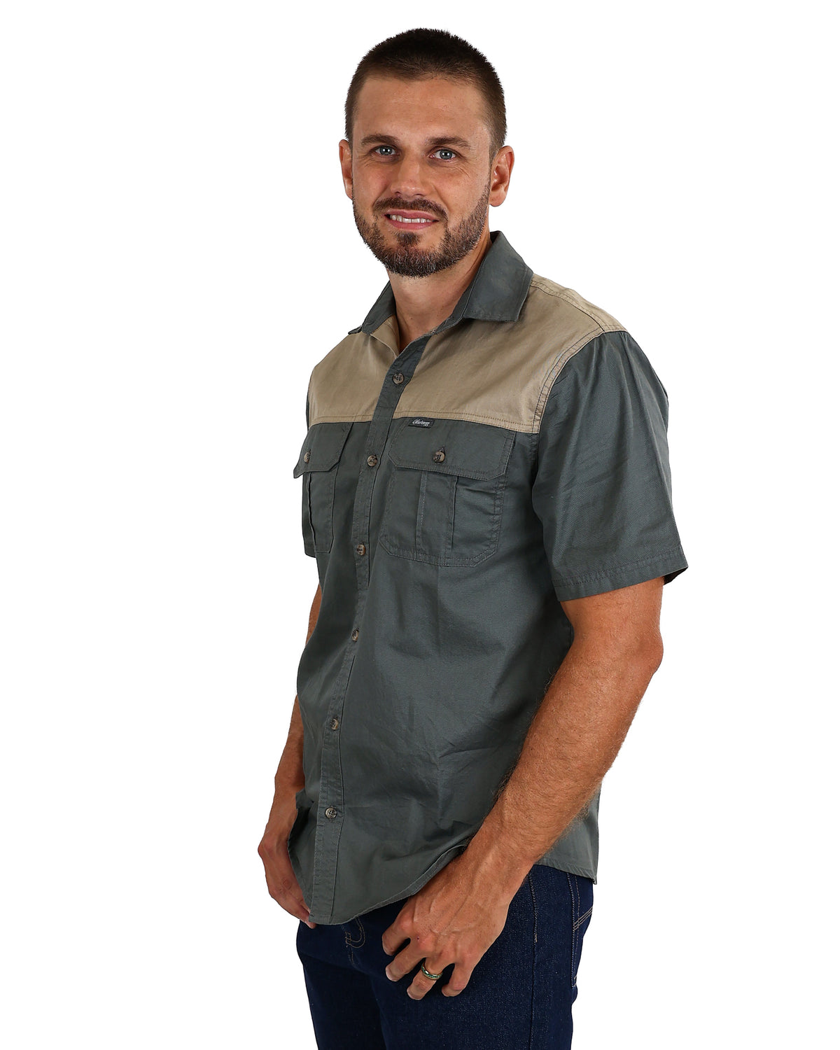 Okavango Short Sleeve Olive Two Tone Cotton Shirt