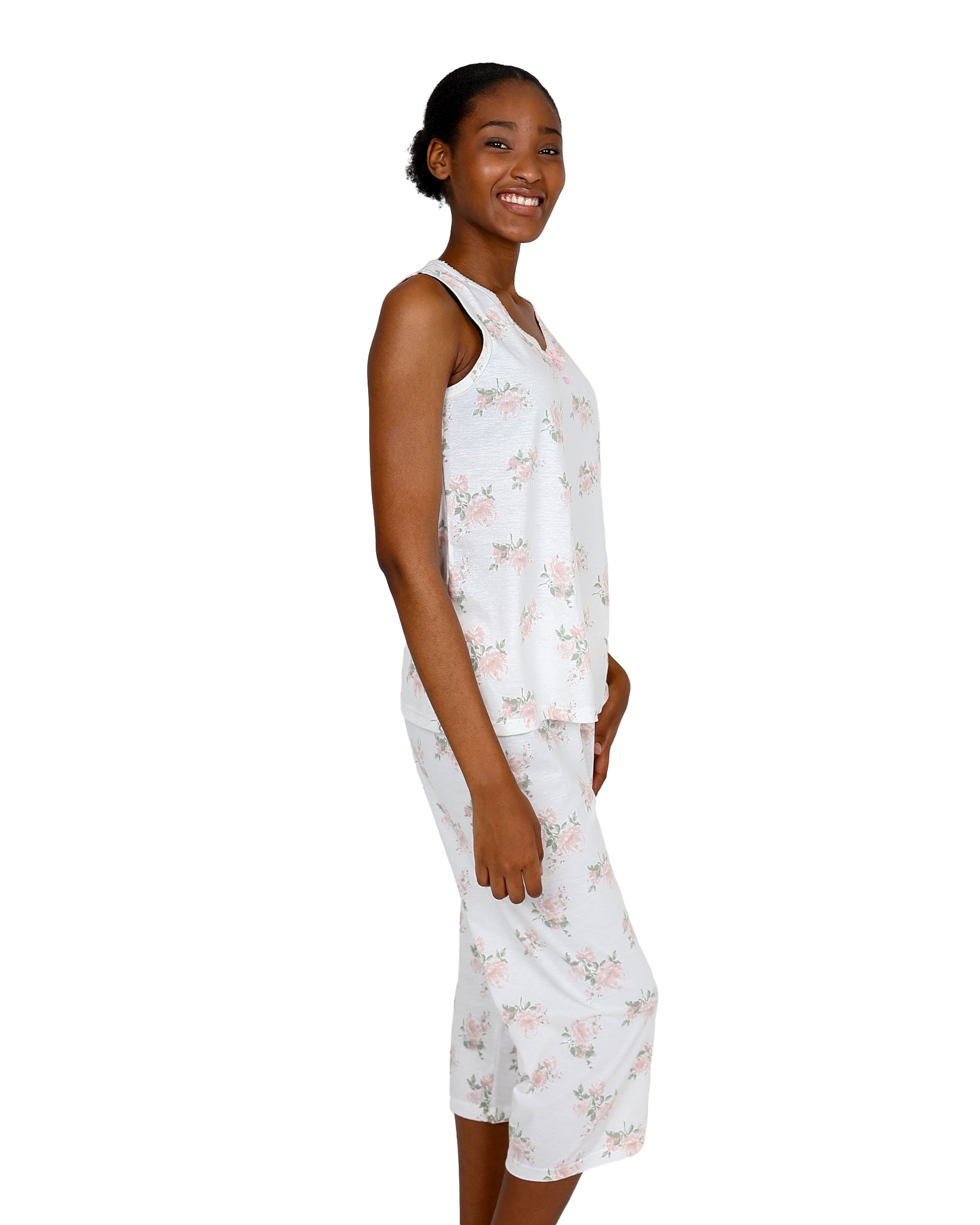 Sleeveless Cream Rose Print Capri Pyjama Set