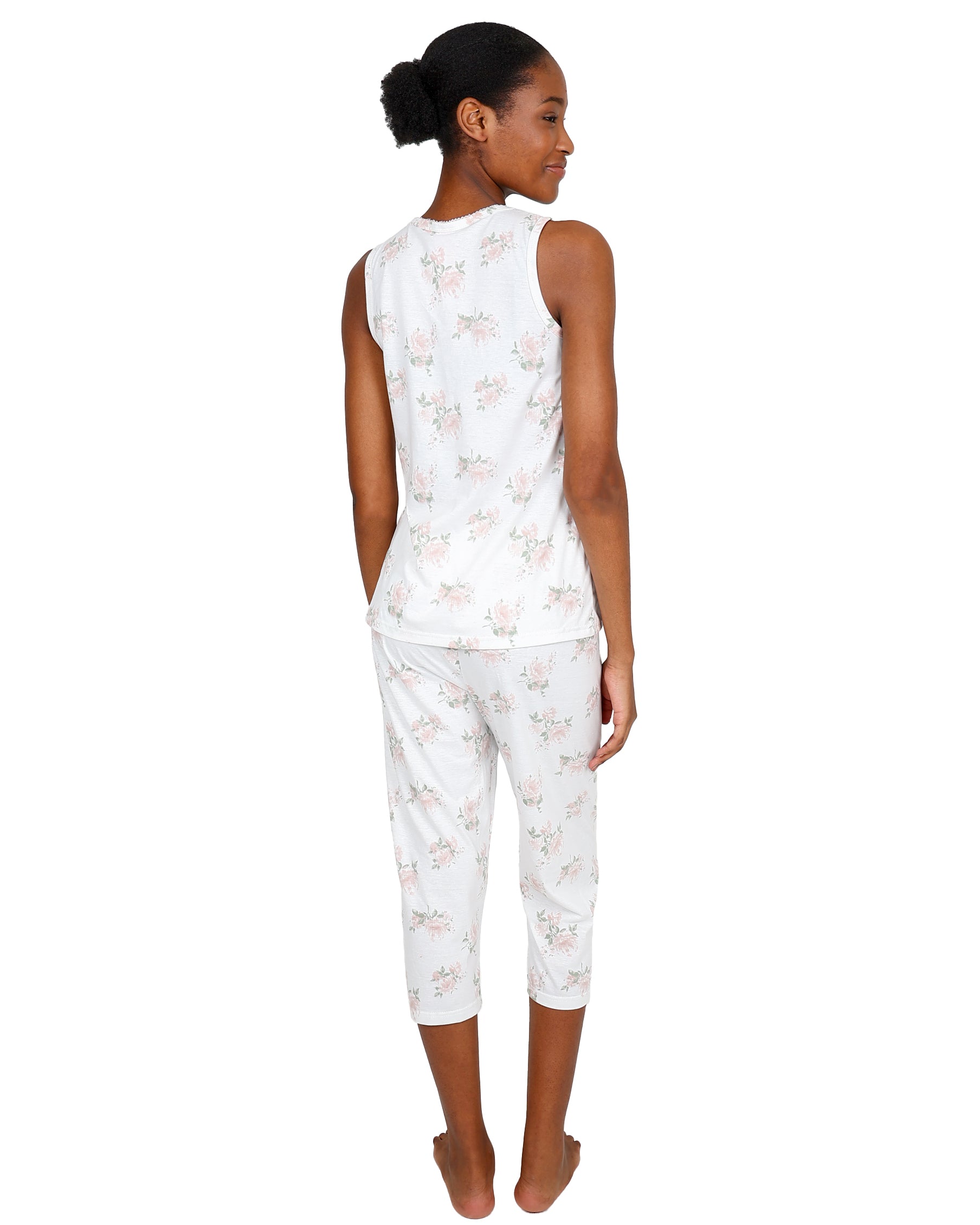 Sleeveless Cream Rose Print Capri Pajama Set