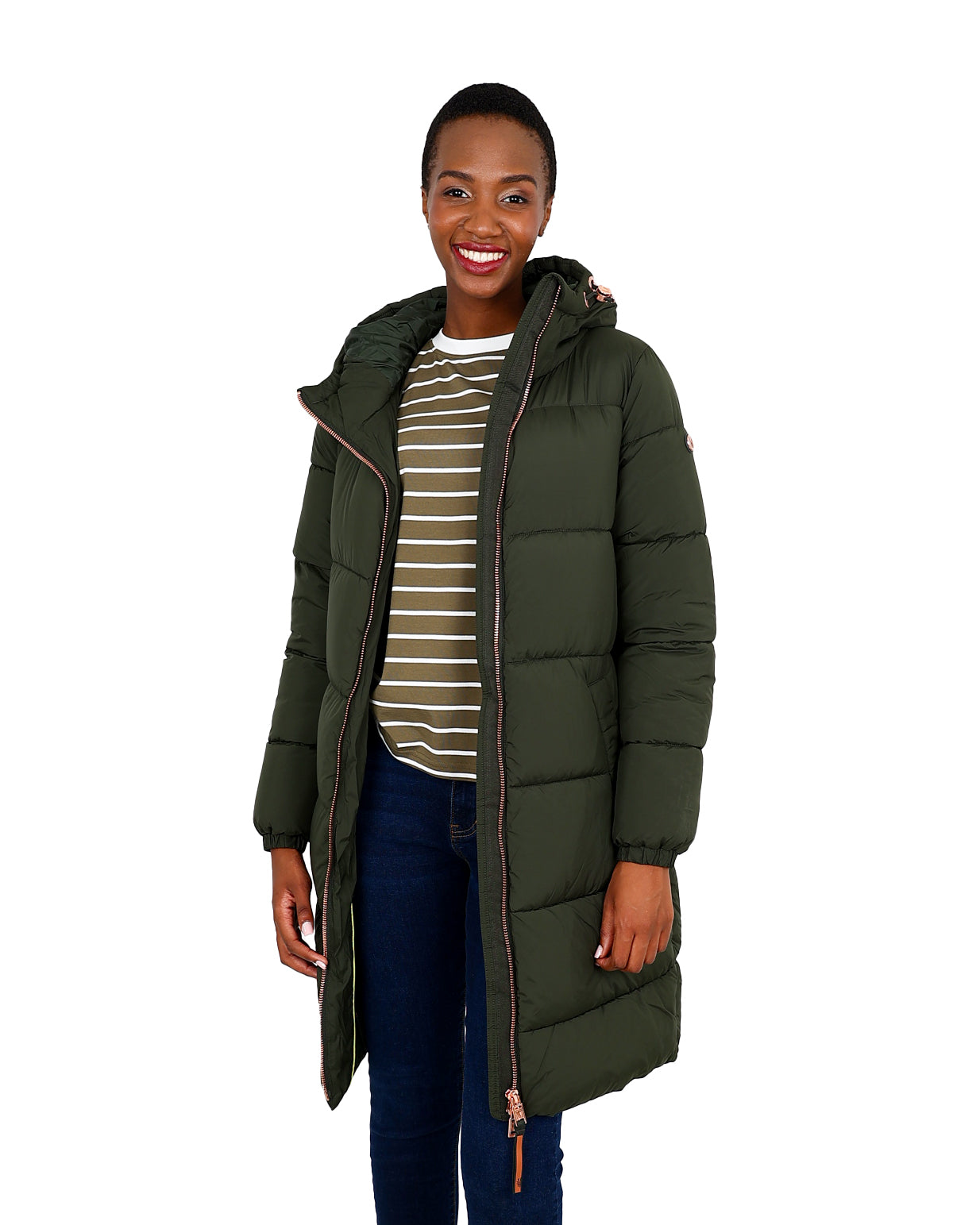Olive Knee Length Padded Hooded Jacket