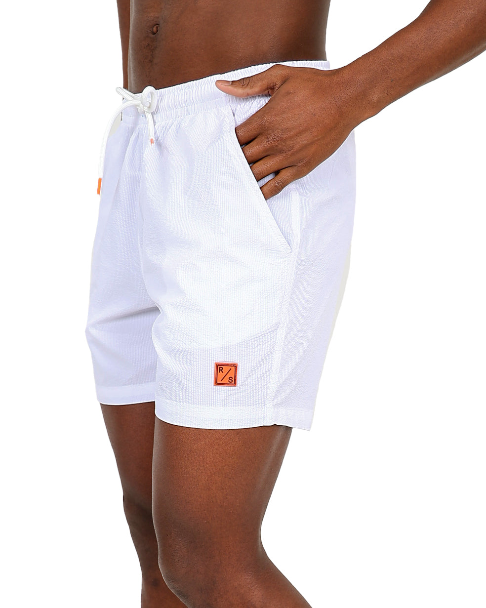 White Classic Seersucker Swim Shorts