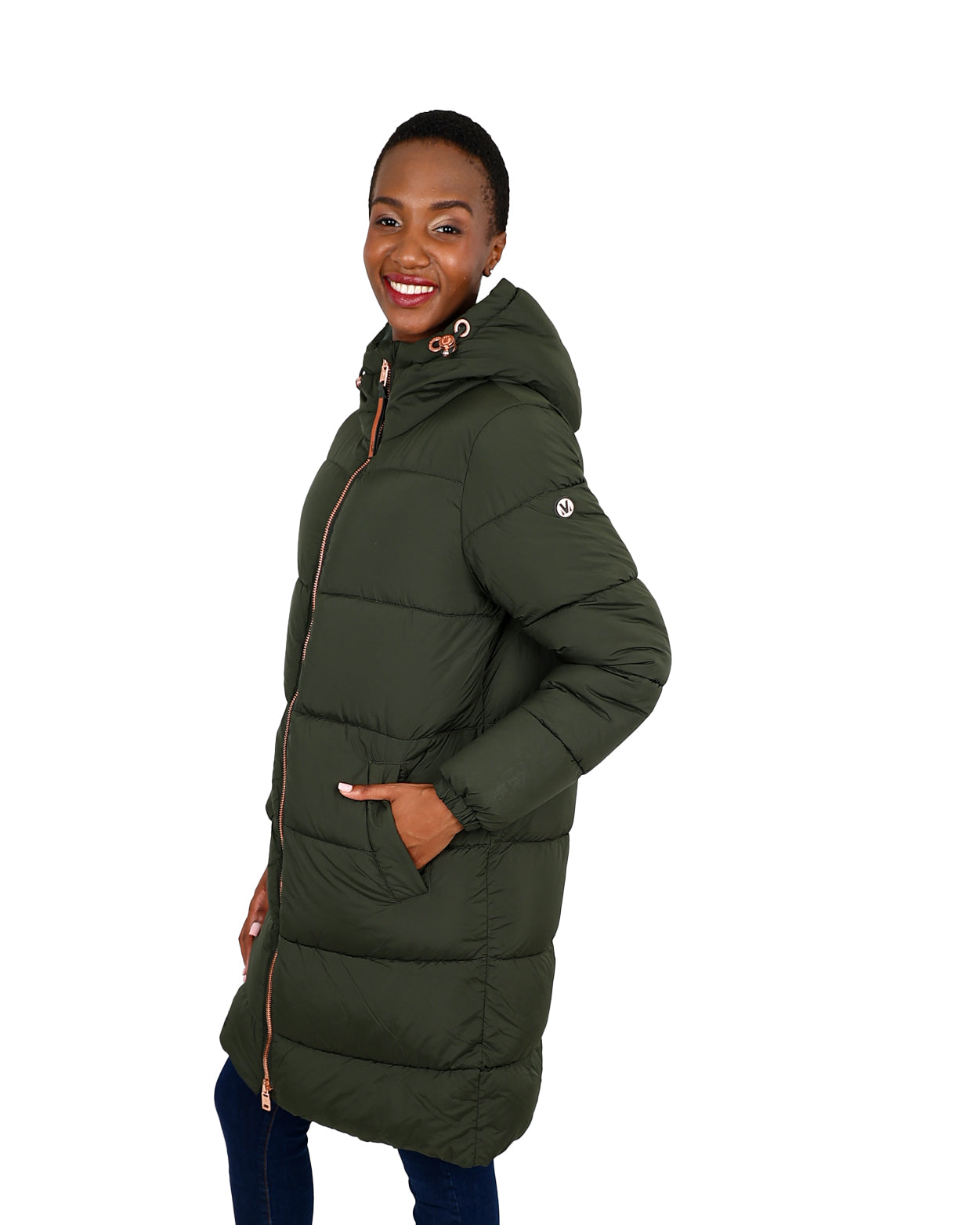 Olive Knee Length Padded Hooded Jacket