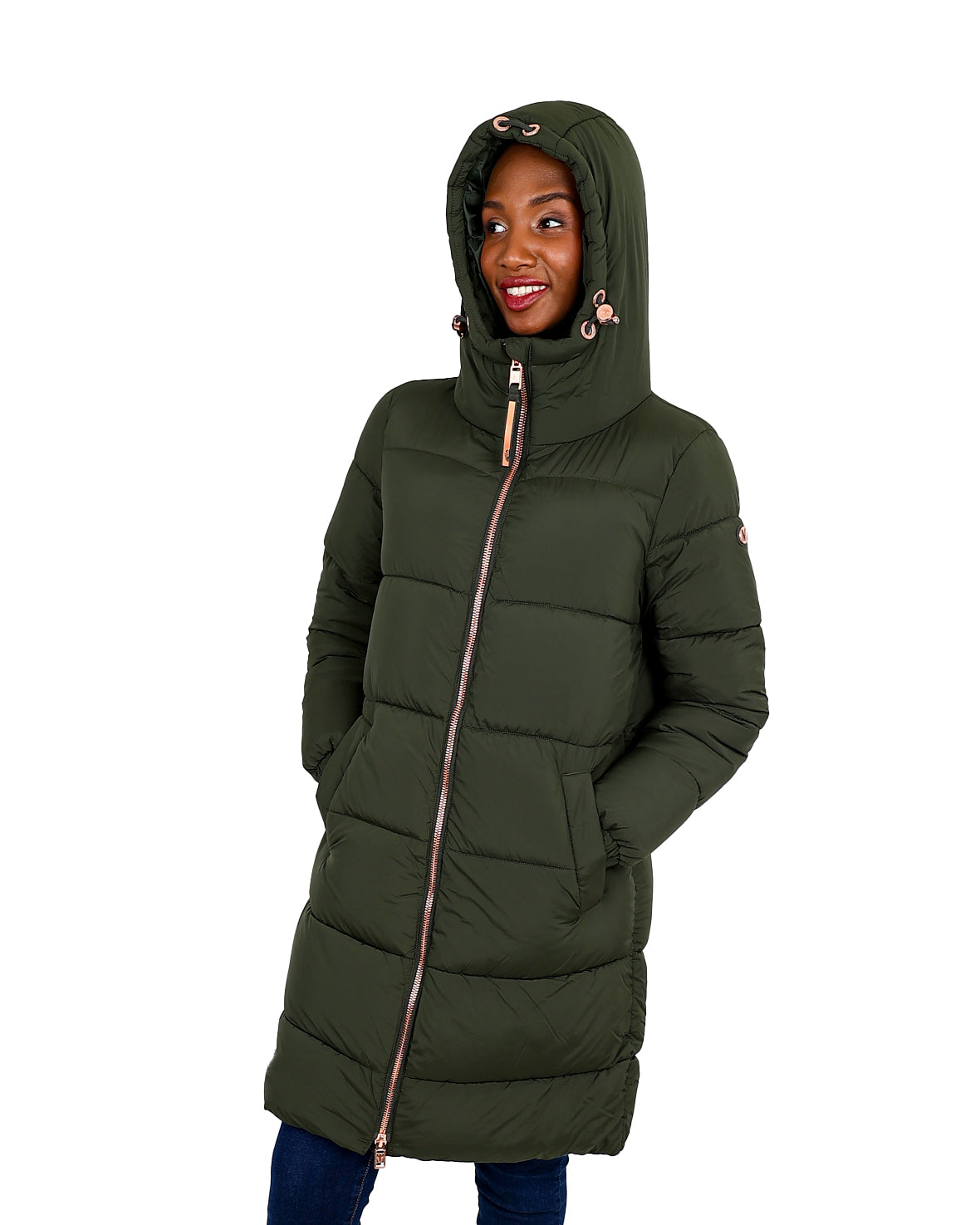 Olive Knee Length Padded Hooded Jacket