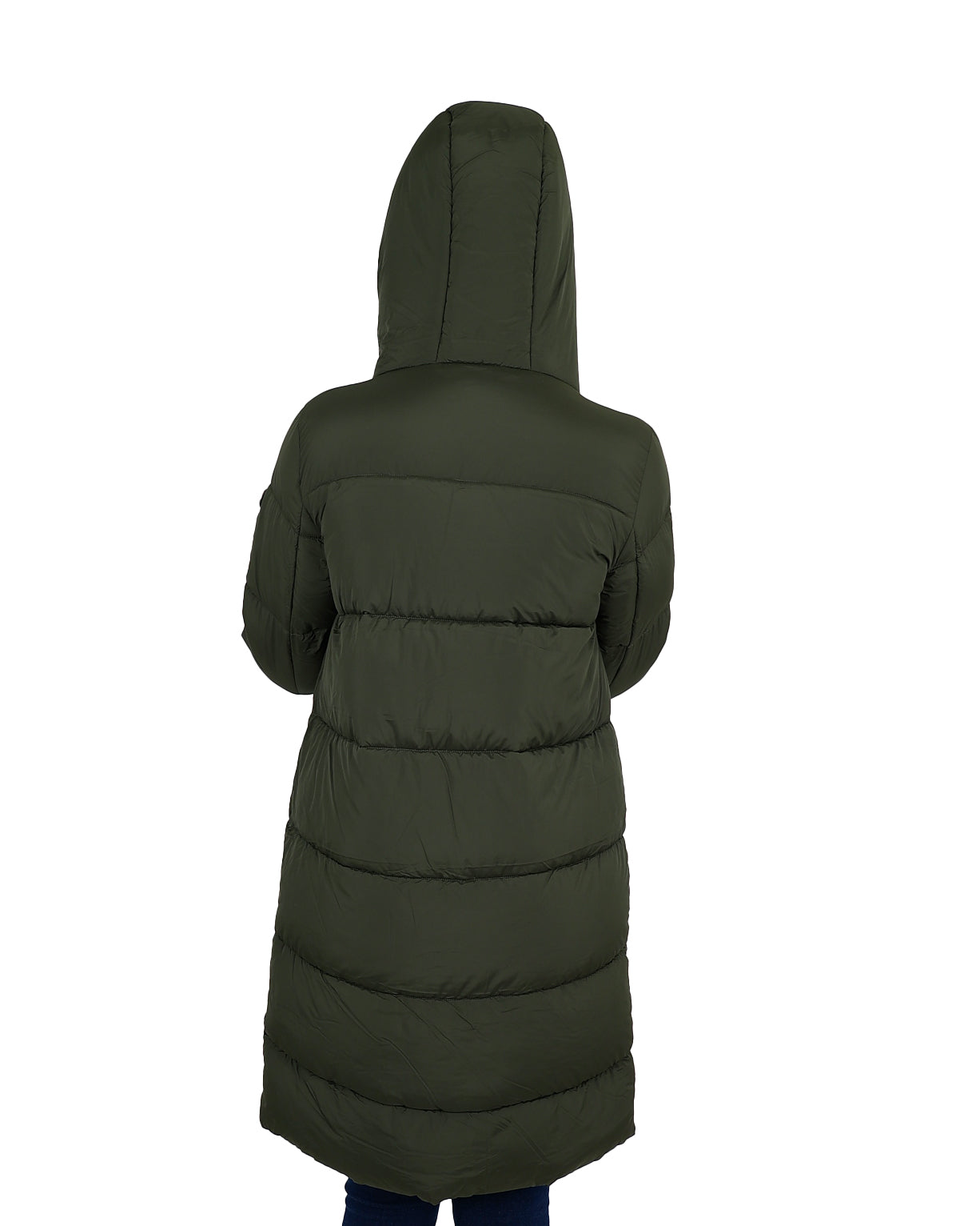 Olive Knee Length Padded Hooded Jacket