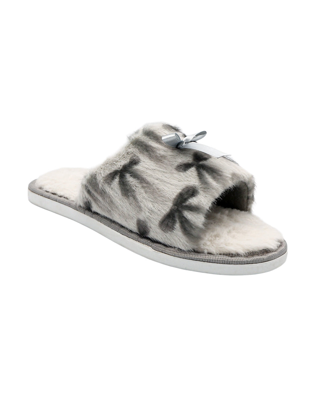 Grey Bow Detail Shaggy Band Slipper