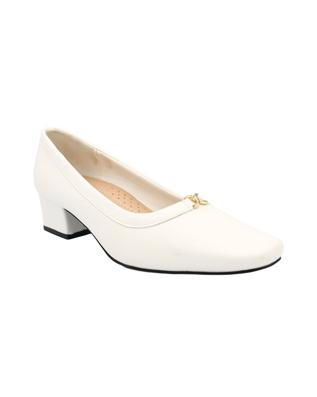 White Embellished Block Heel Traditional Court Shoes