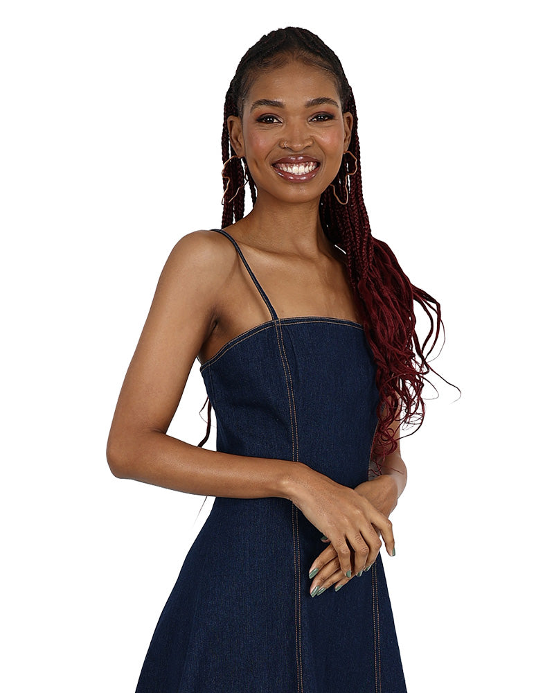 Strappy Dark Indigo Fit & Flare Denim Panelled Dress