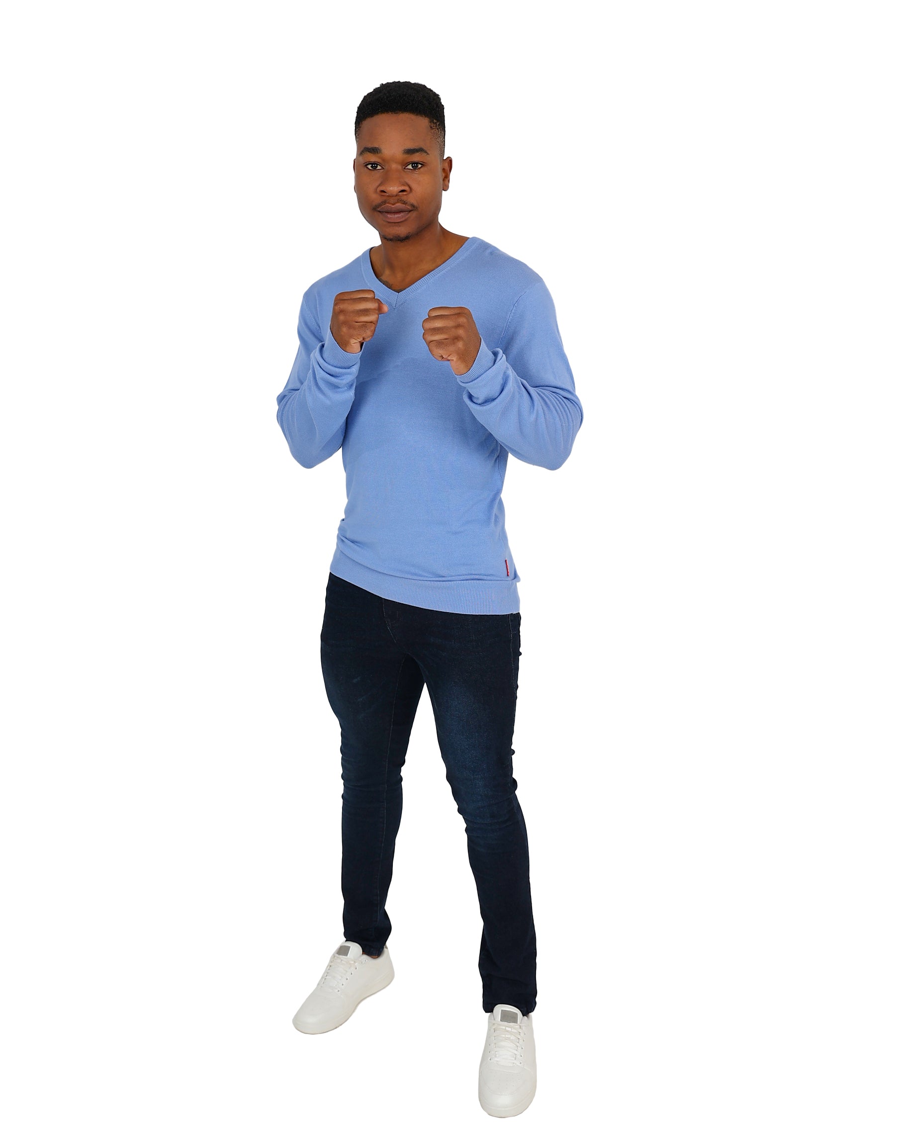 Funk Long Sleeve Blue Knitted V-Neck Pullover
