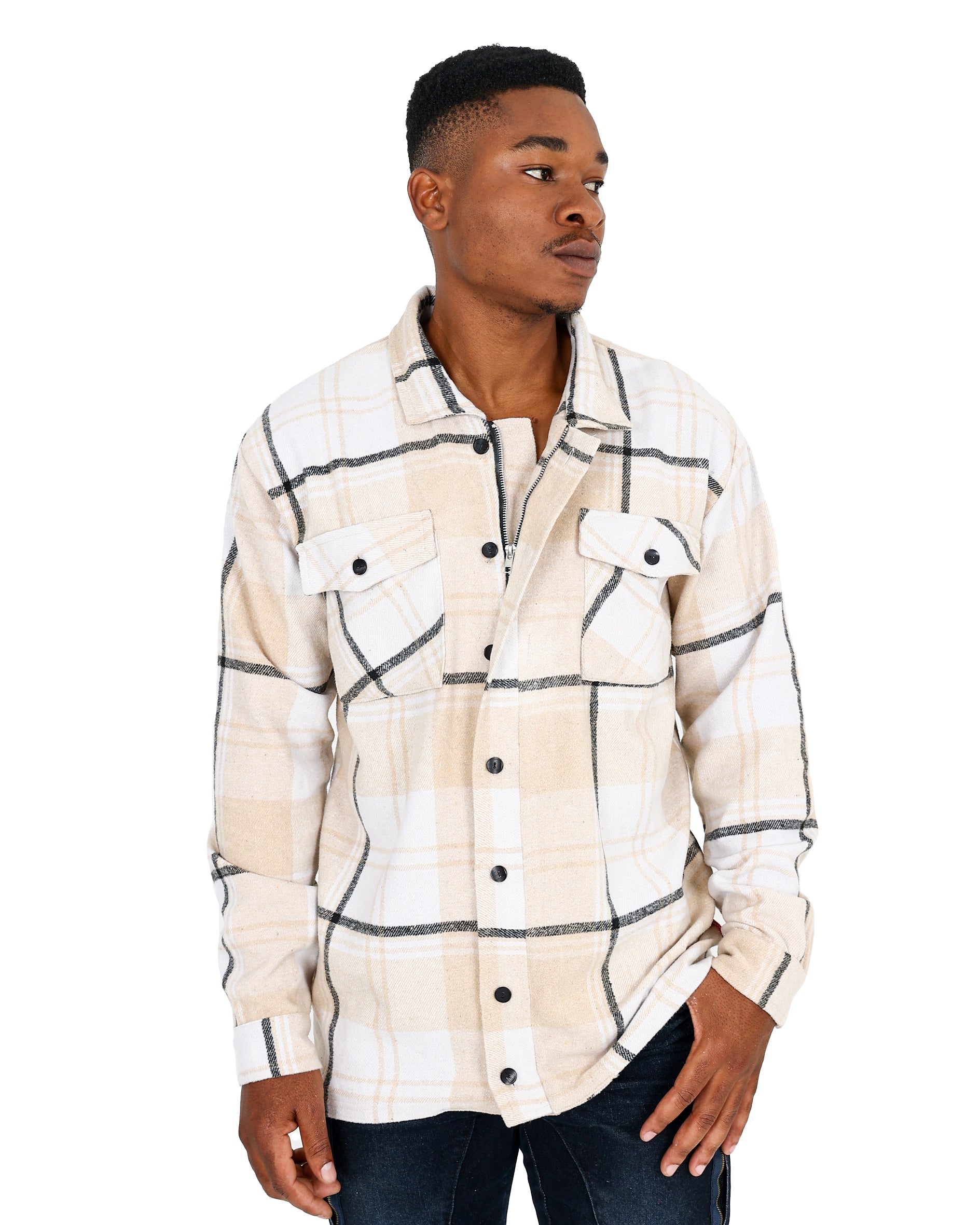 Funk Long Sleeve Stone Zip Up Check Cotton Shacket