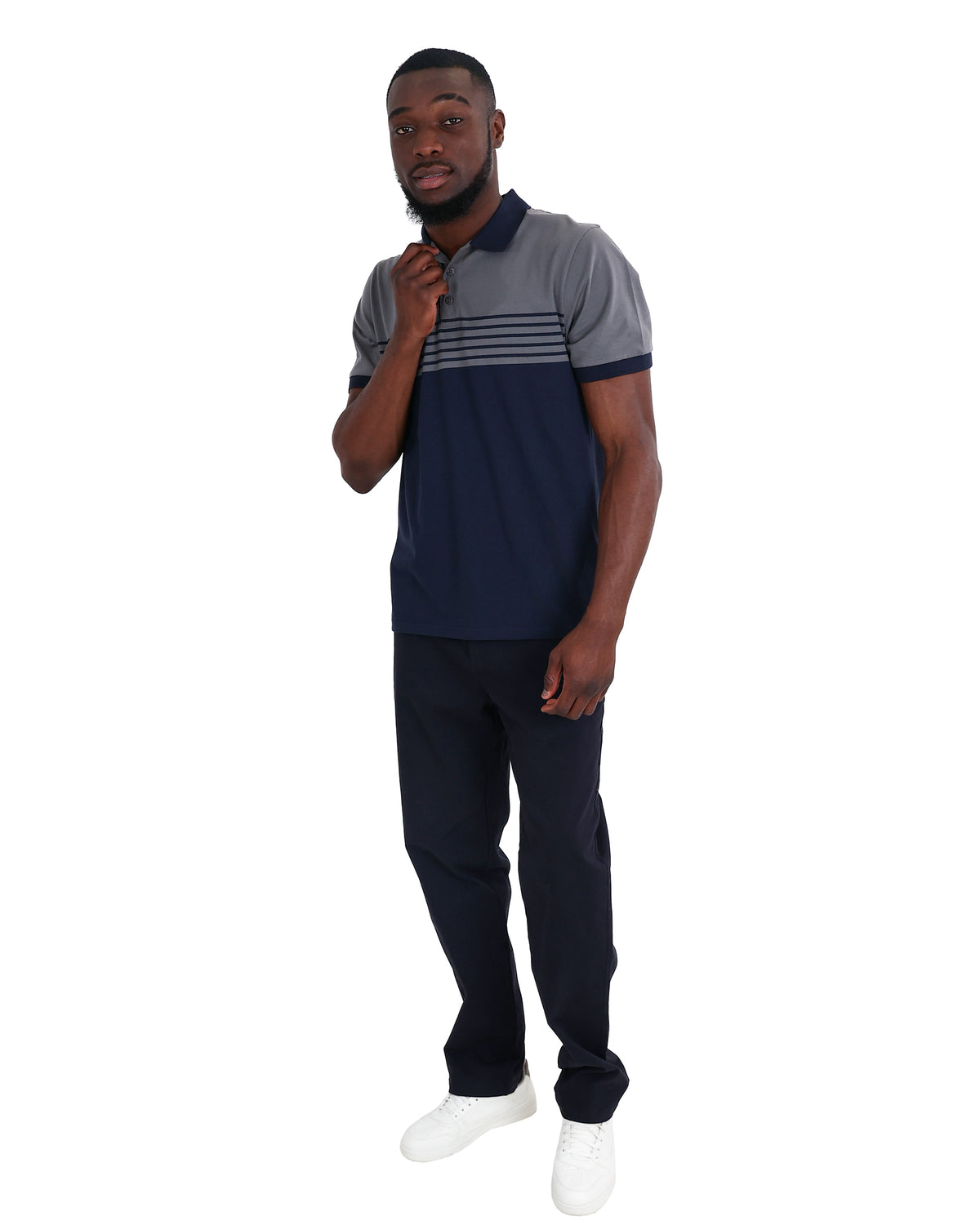 Short Sleeve Grey & Navy Stripe Golfer