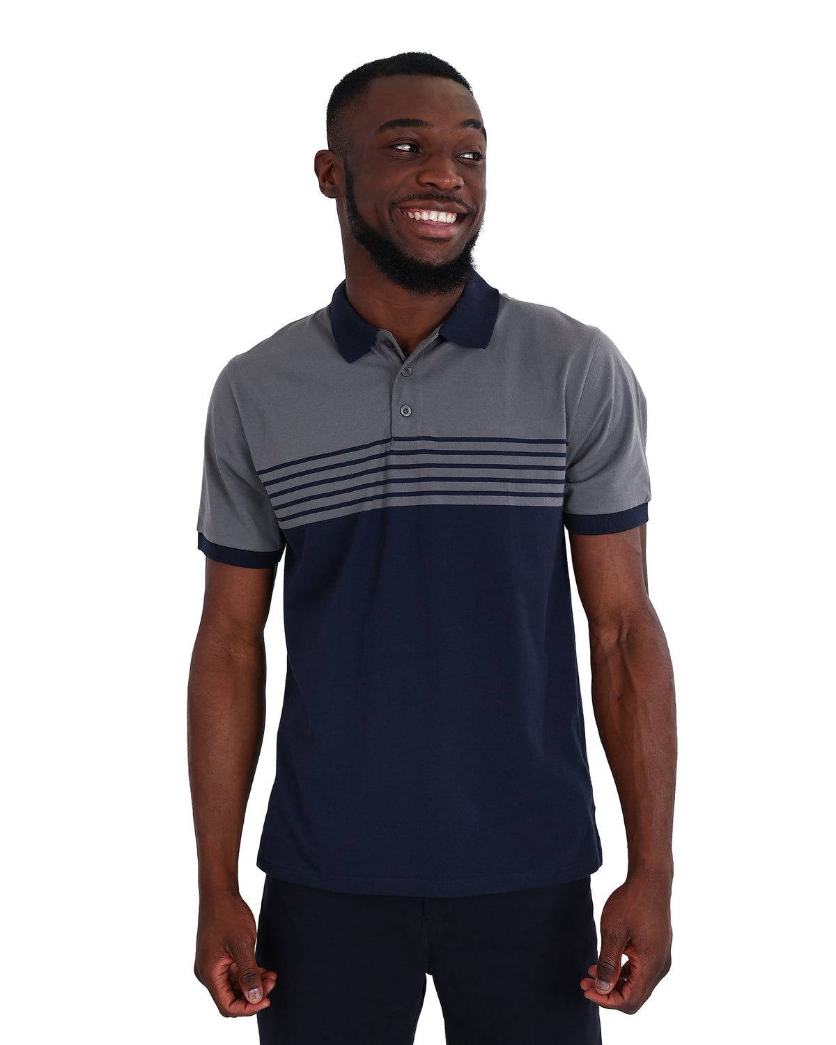 Short Sleeve Grey & Navy Stripe Golfer