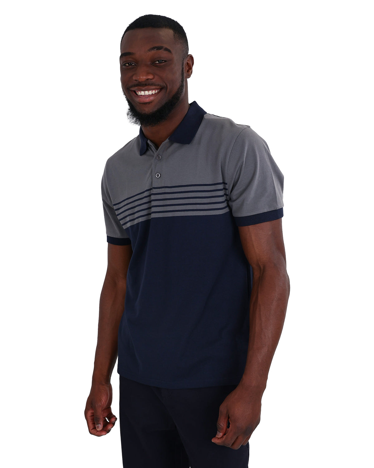 Short Sleeve Grey & Navy Stripe Golfer