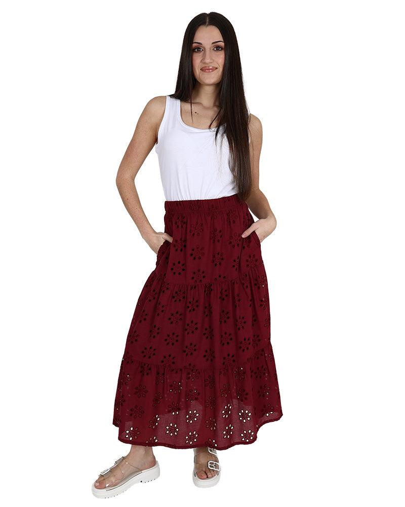 Burgundy Tiered Angaise Maxi Skirt