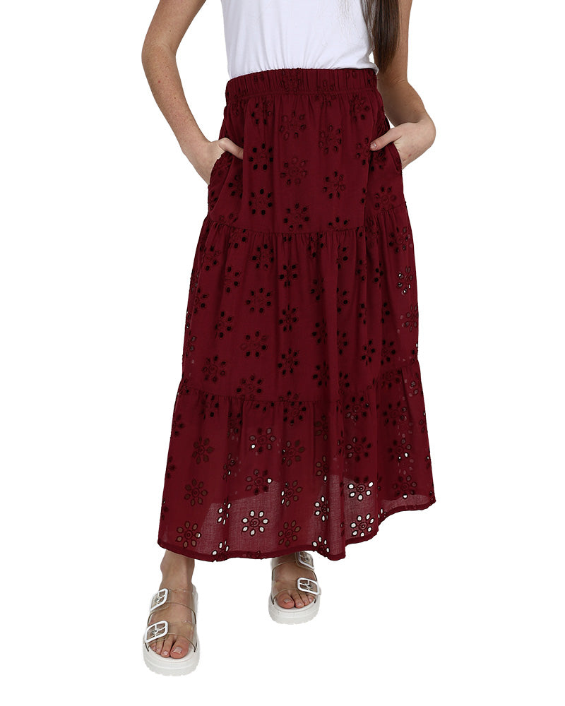 Burgundy Tiered Angaise Maxi Skirt
