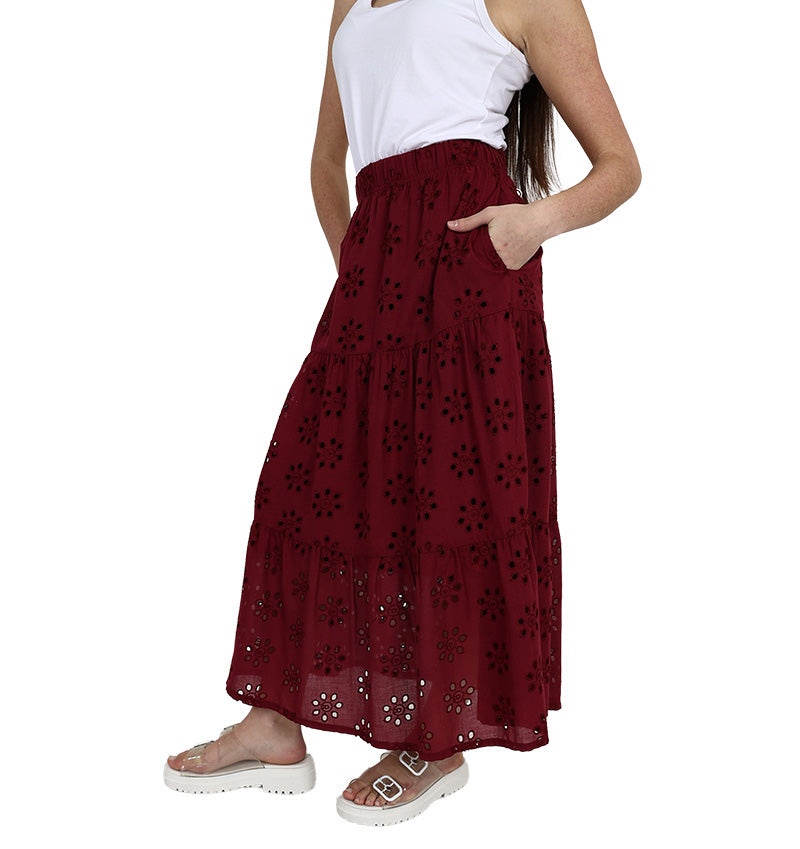 Burgundy Tiered Angaise Maxi Skirt